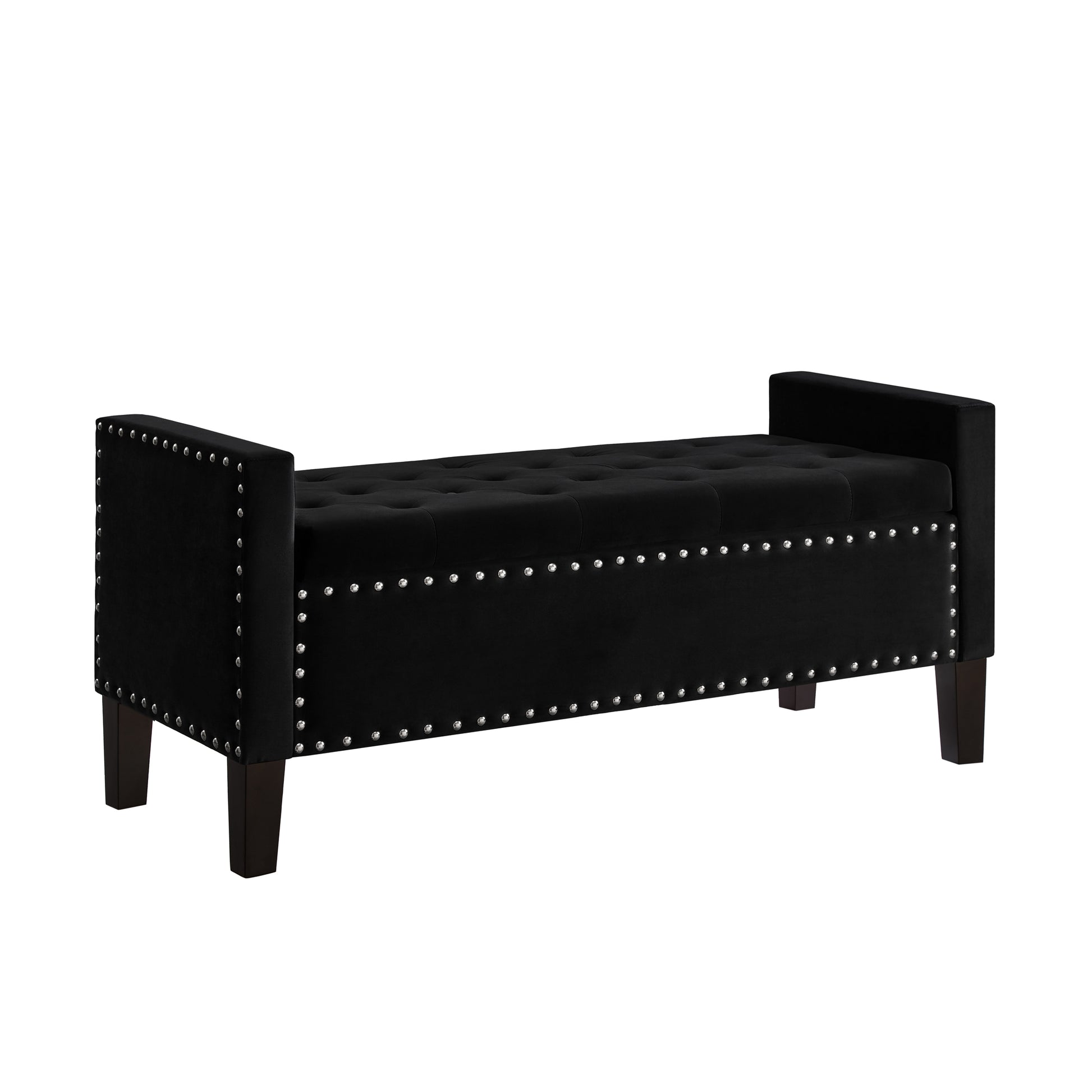 Black velvet storage bench with diamond tufting and silver nailhead trim