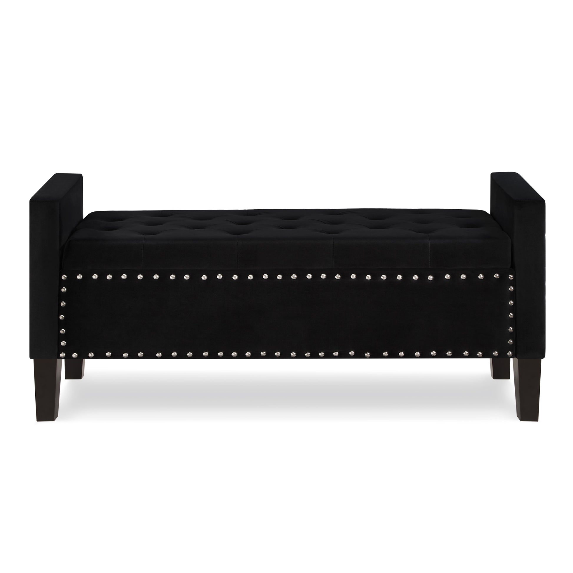 Black velvet storage bench with tufted top and silver nailhead trim