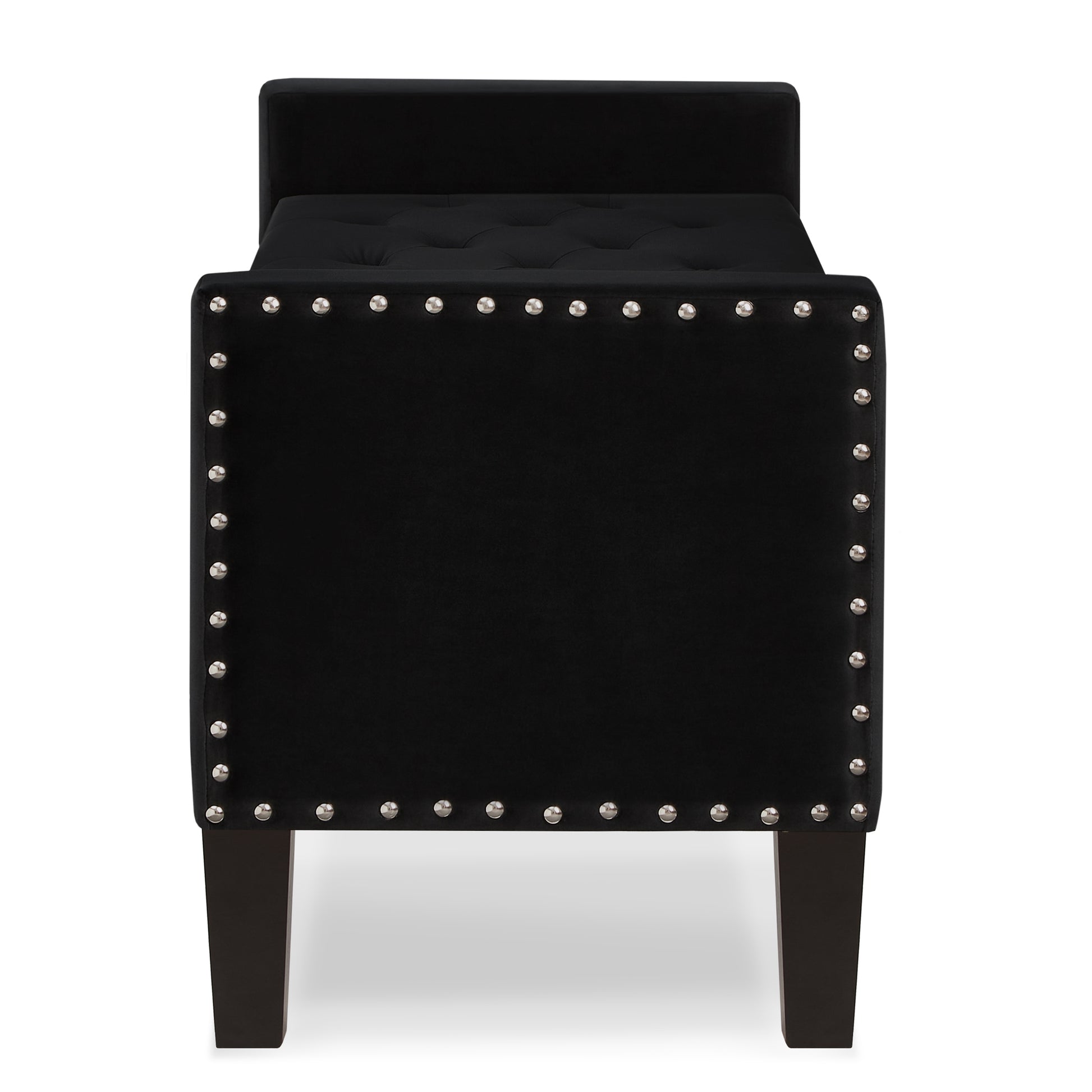 Black velvet storage bench with silver nailhead trim and tufted seat