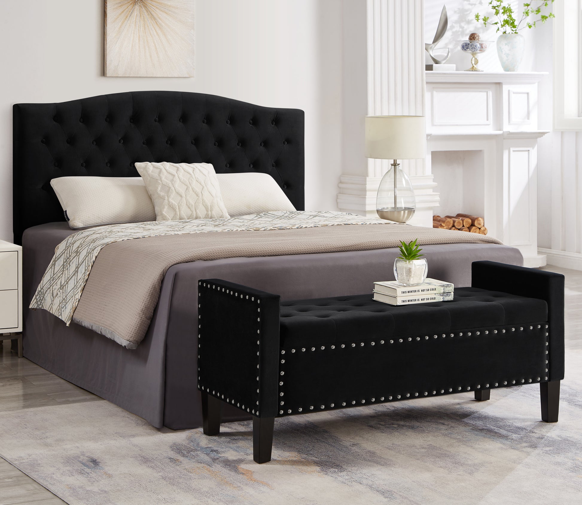 Black velvet tufted headboard with diamond button accents