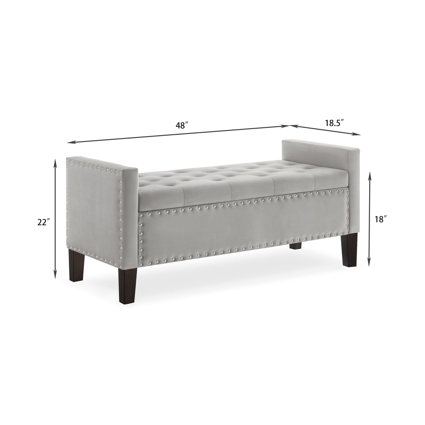 Gray velvet storage bench with tufted top and silver nailhead trim