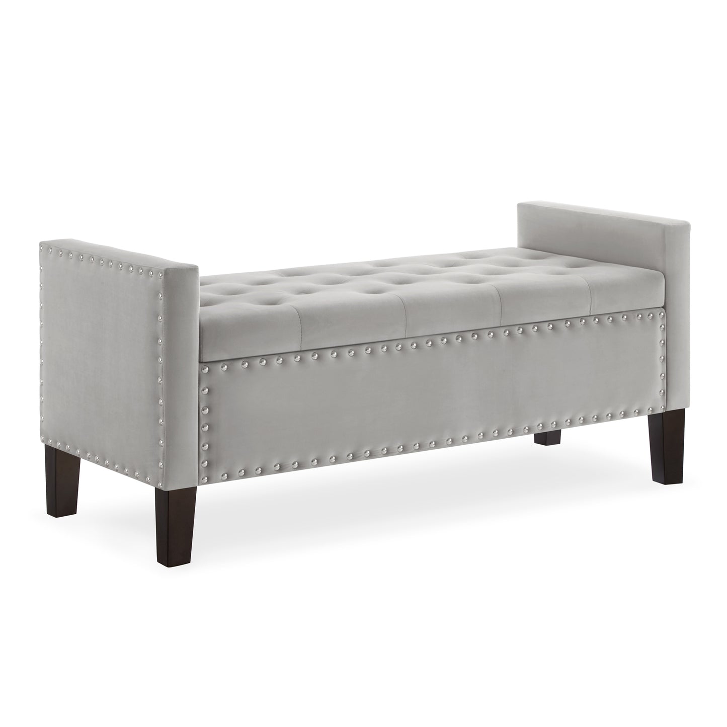 Grey velvet storage ottoman bench with button tufted top and silver nailhead trim