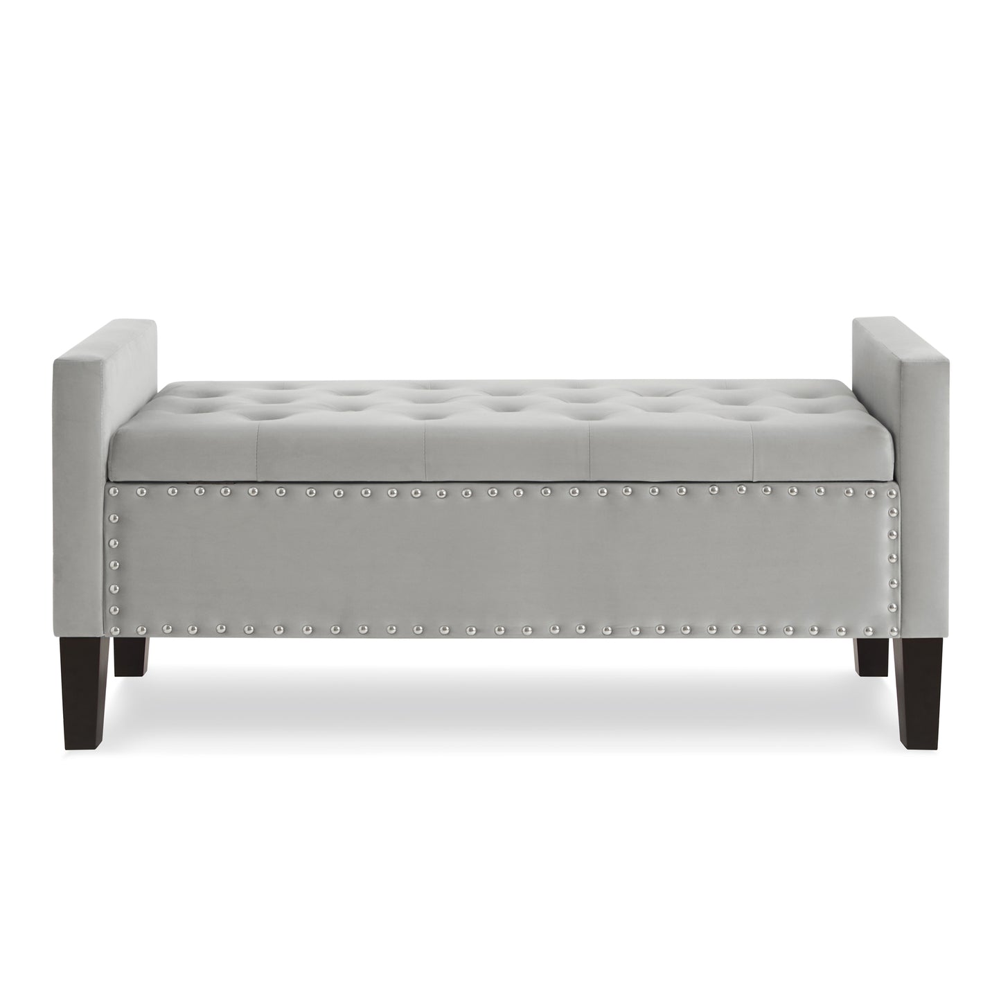 Light grey velvet storage ottoman bench with button tufted top and silver nailhead trim
