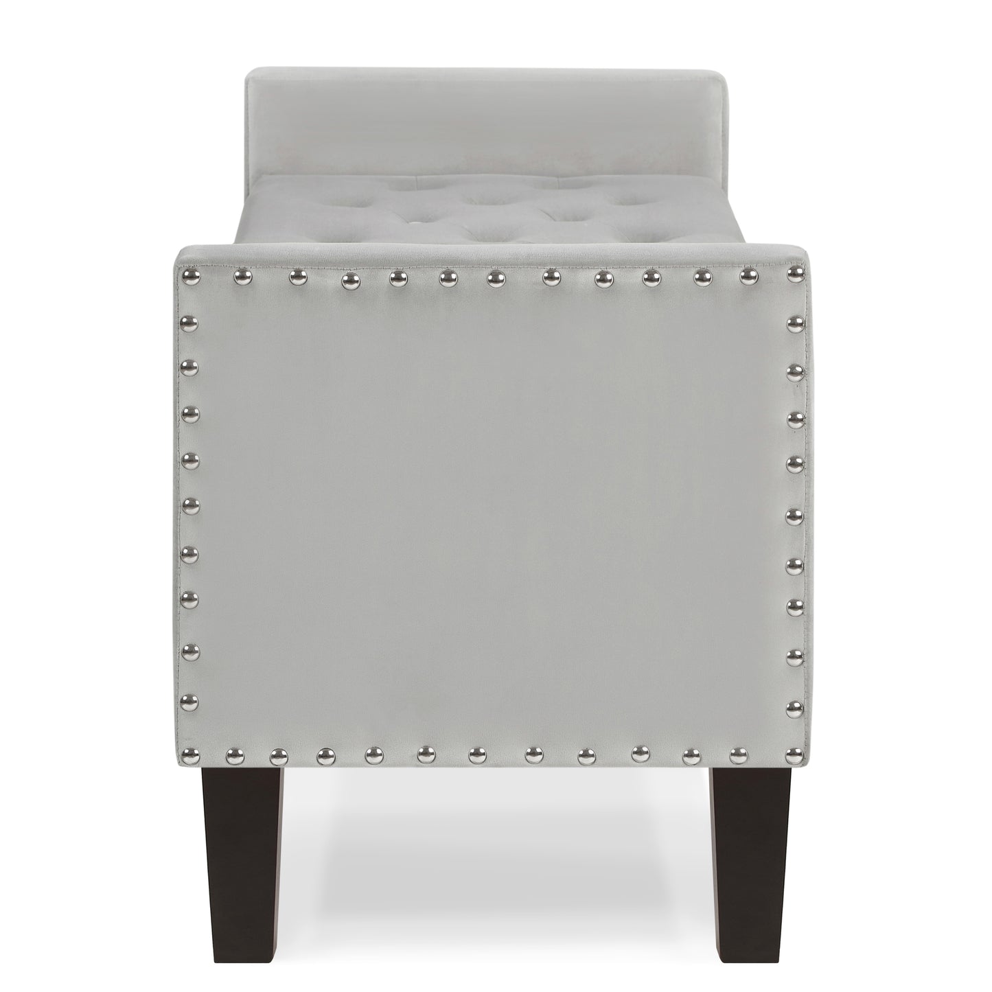 Tufted grey velvet ottoman bench with silver nailhead trim and dark wood legs