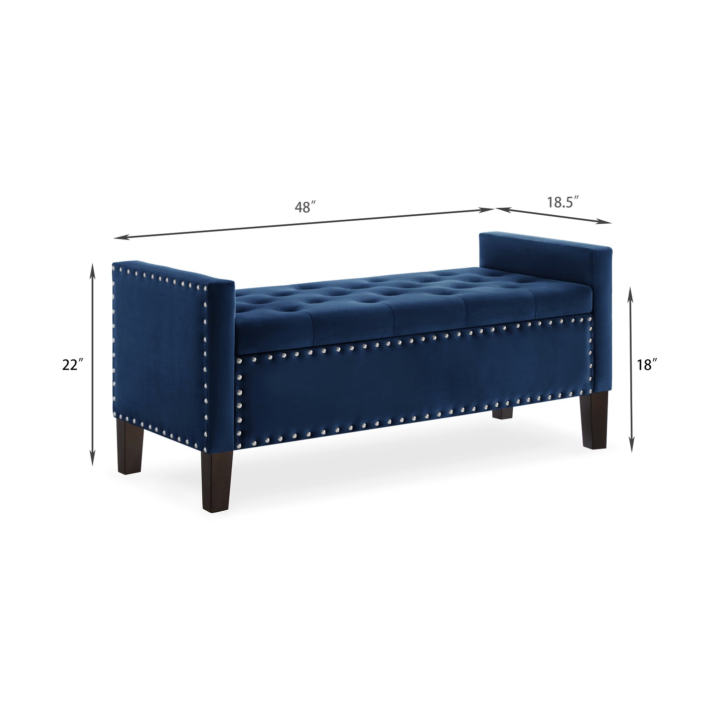 Navy velvet storage bench with button tufting and silver nailhead trim