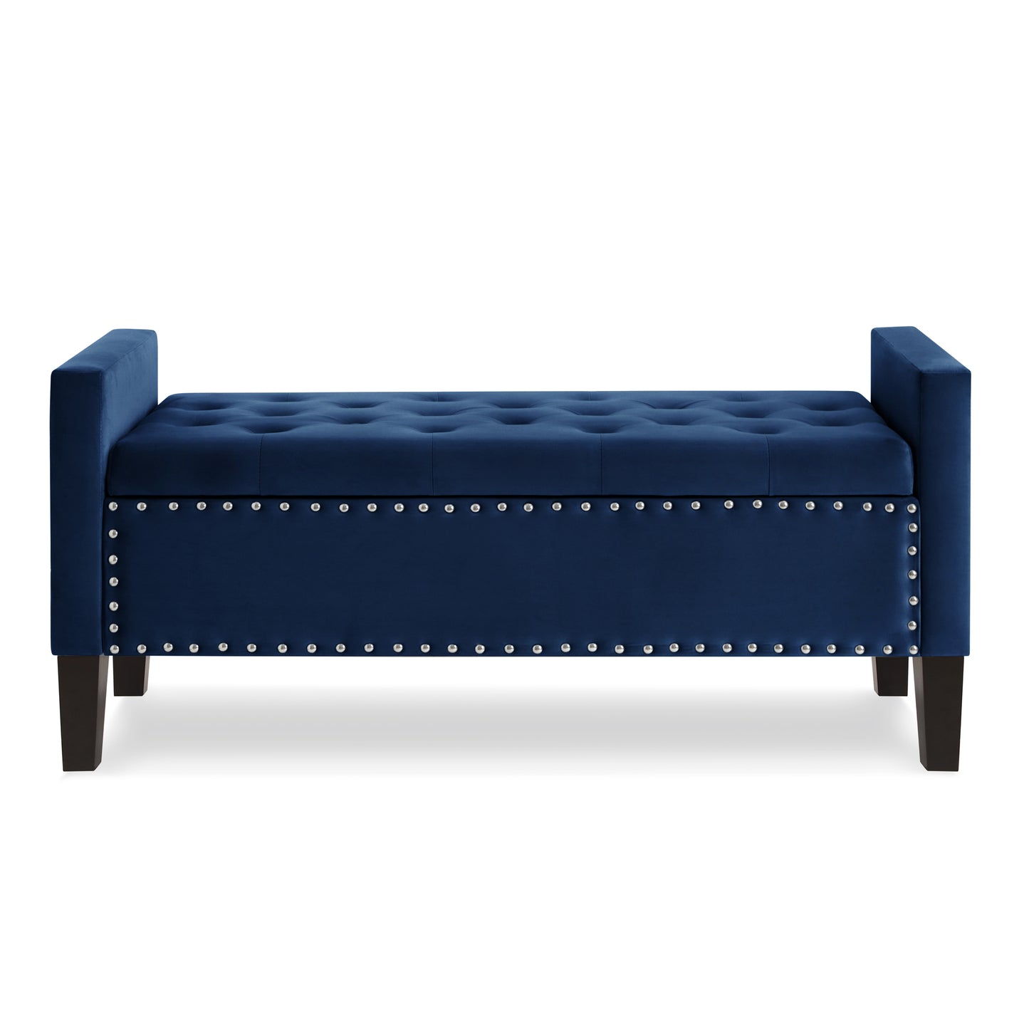 Deep blue velvet storage bench with tufted seat and silver nailhead trim