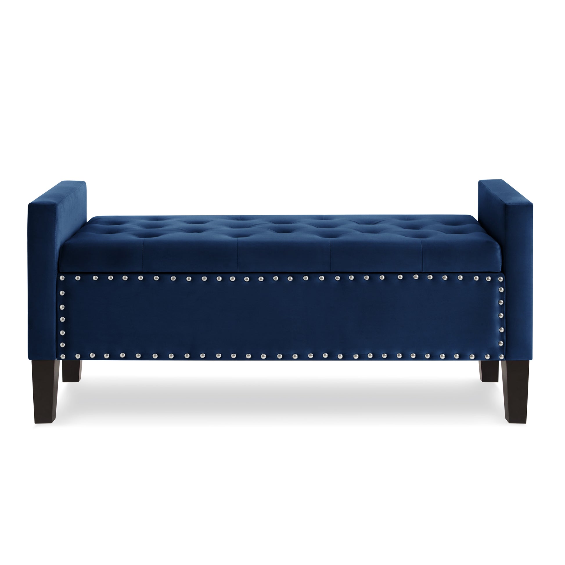 Deep blue velvet storage bench with tufted seat and silver nailhead trim