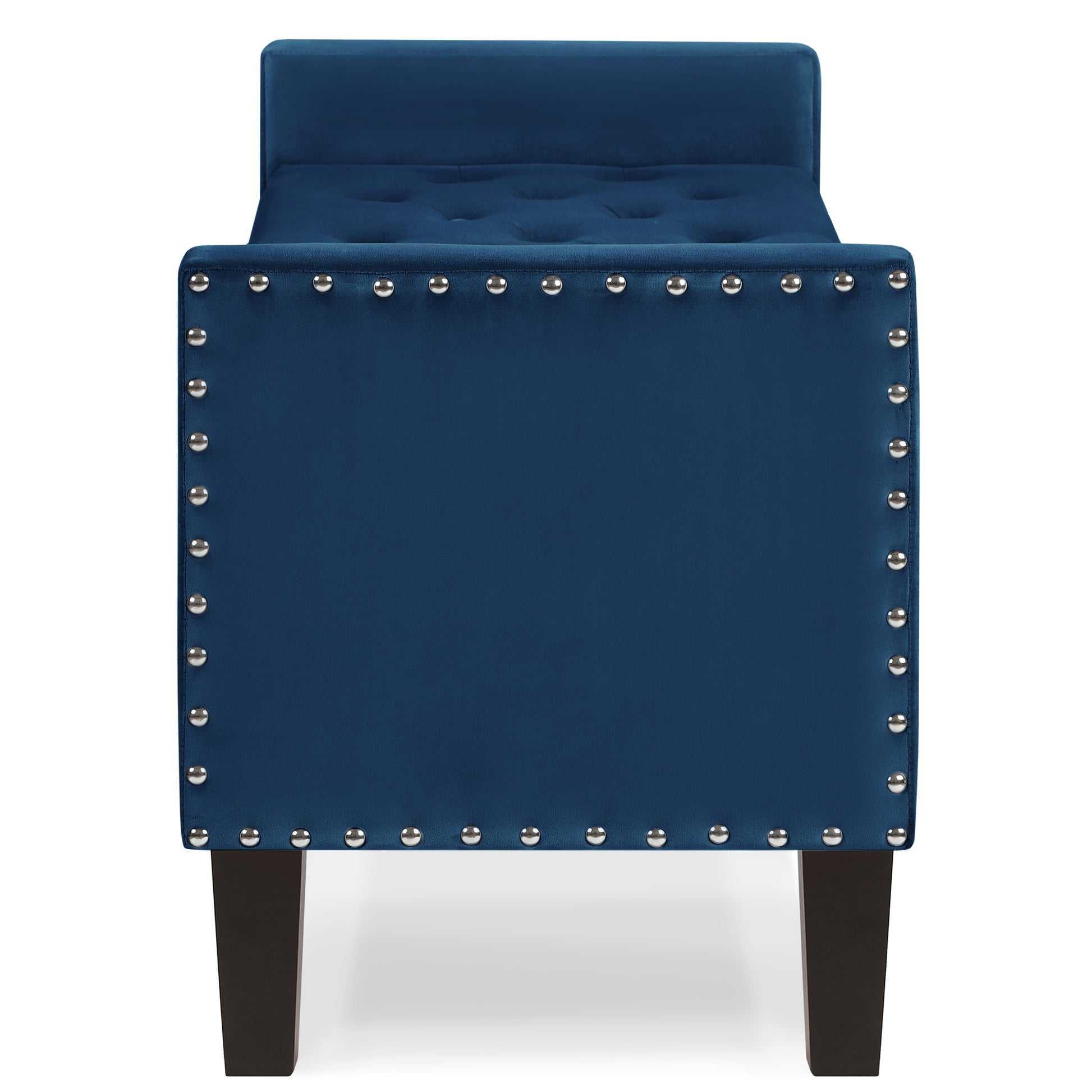 Navy blue velvet bench with silver nailhead trim and dark wooden legs