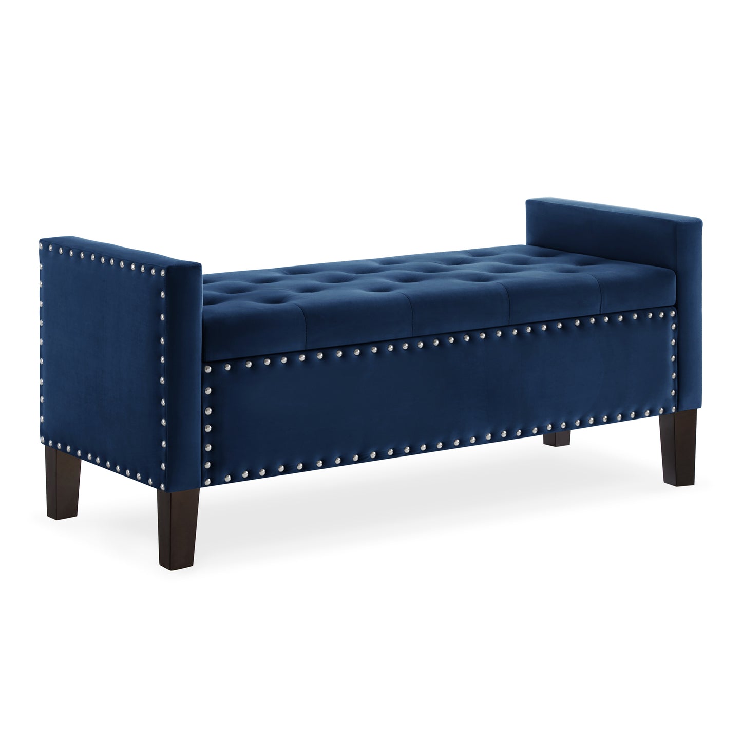 Navy velvet storage bench with tufted top and nailhead trim