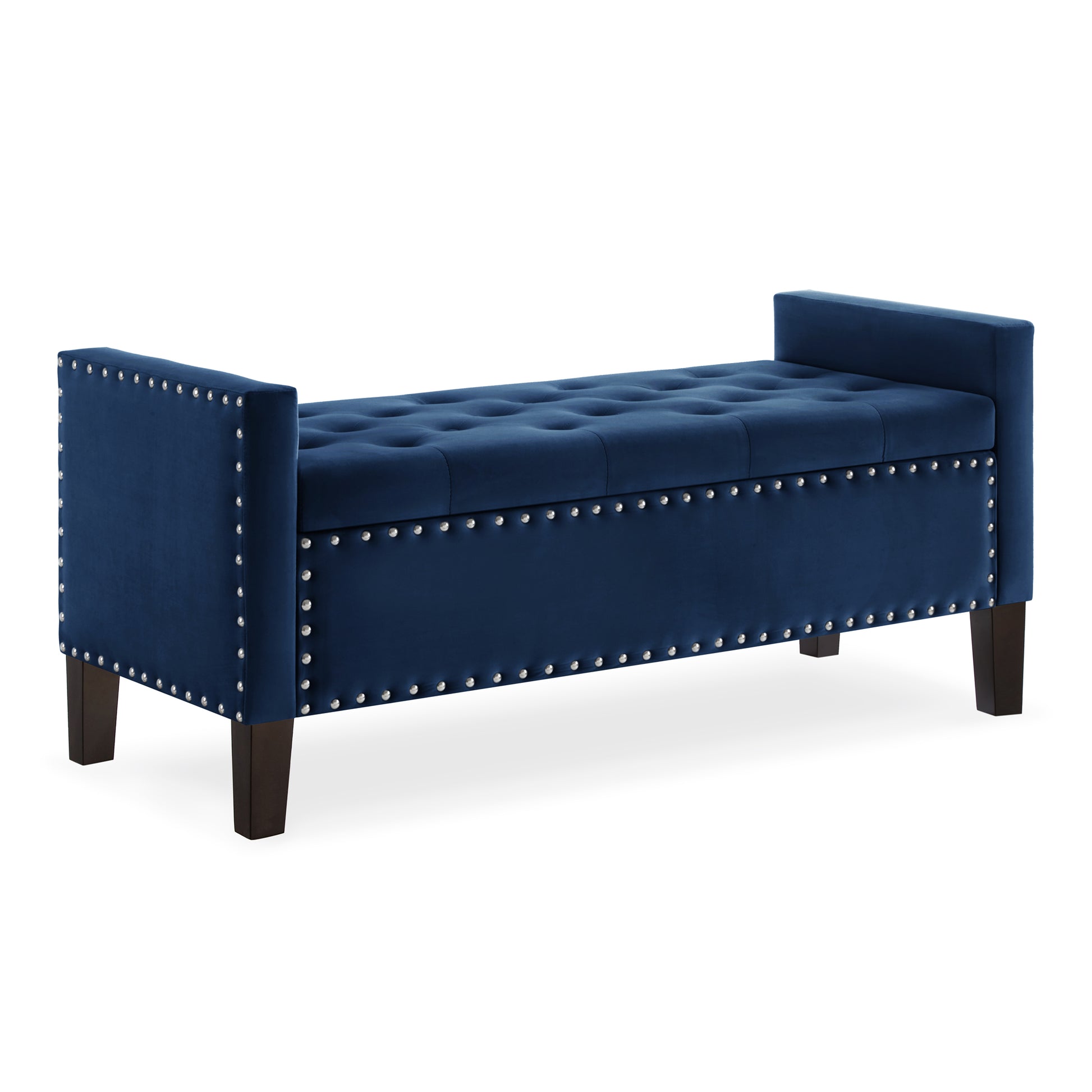 Navy velvet storage bench with tufted top and nailhead trim