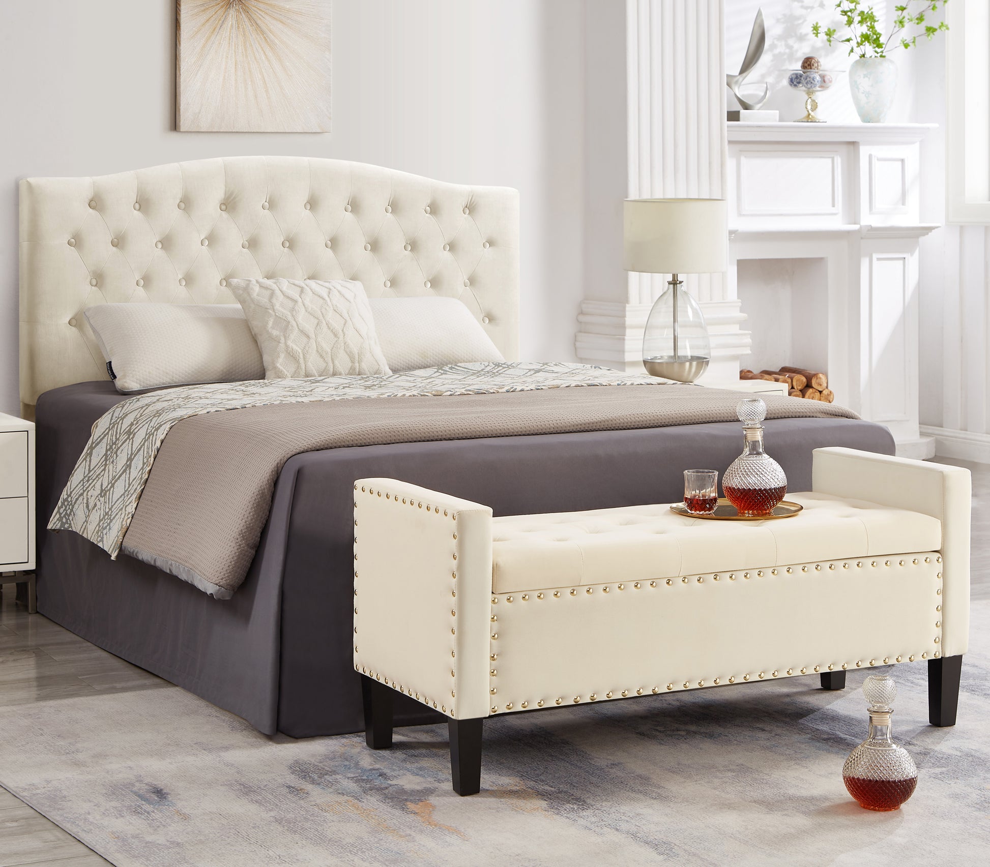 Cream velvet tufted headboard