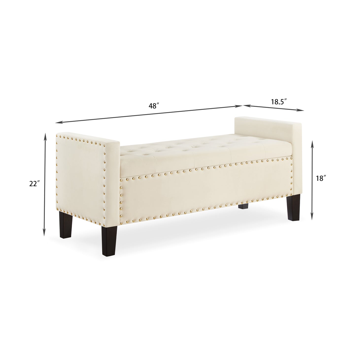 Cream velvet storage bench with tufted top and brass nailhead trim