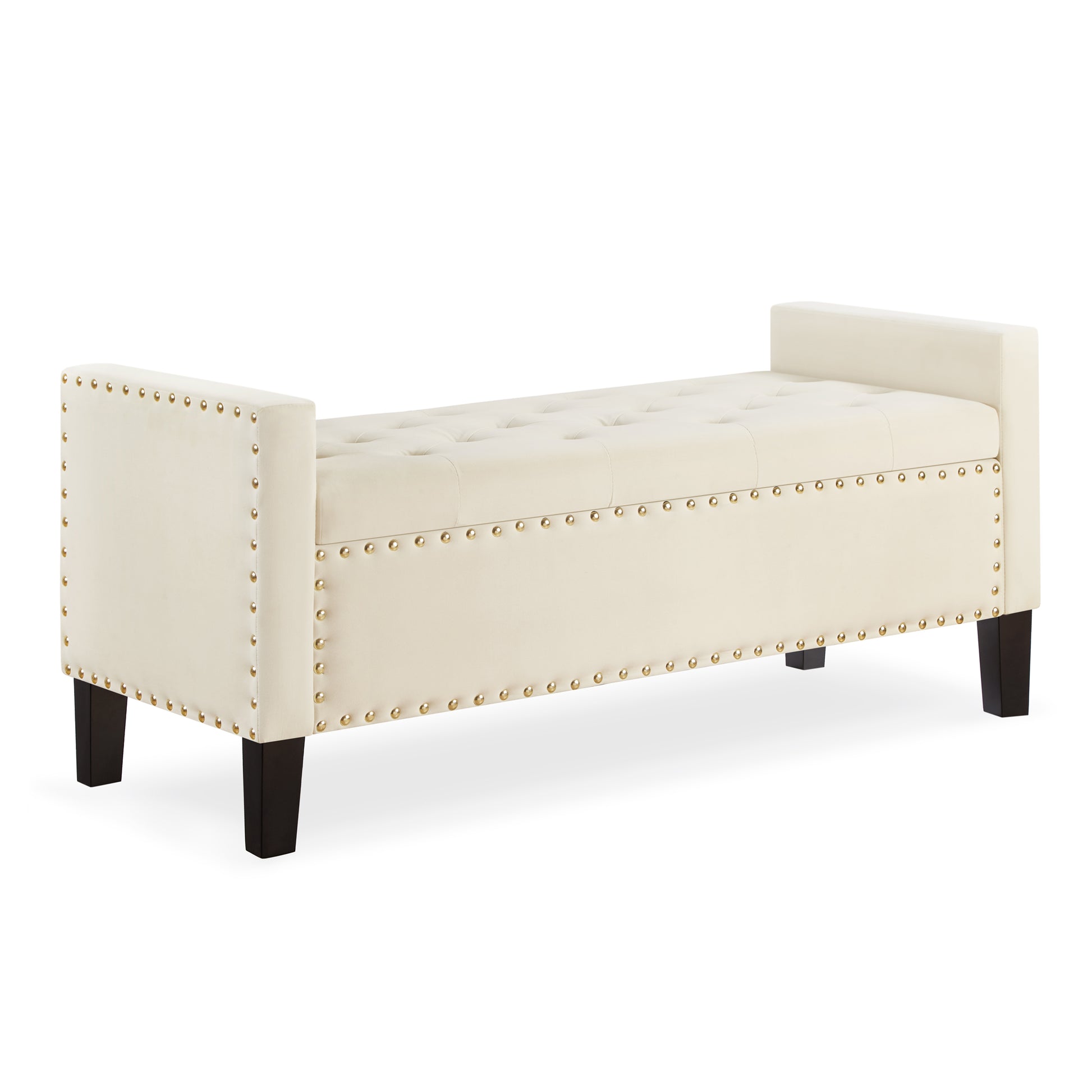 Cream tufted storage bench with brass nailhead trim and dark wood legs