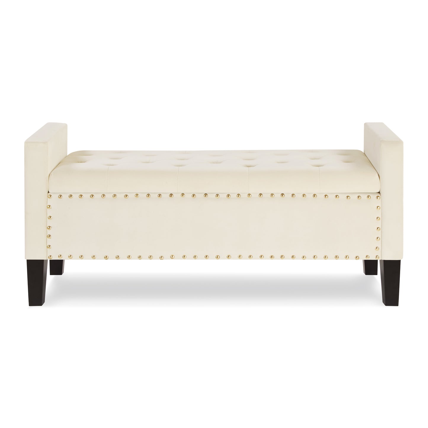 Cream velvet storage bench with button tufting and brass nailhead trim