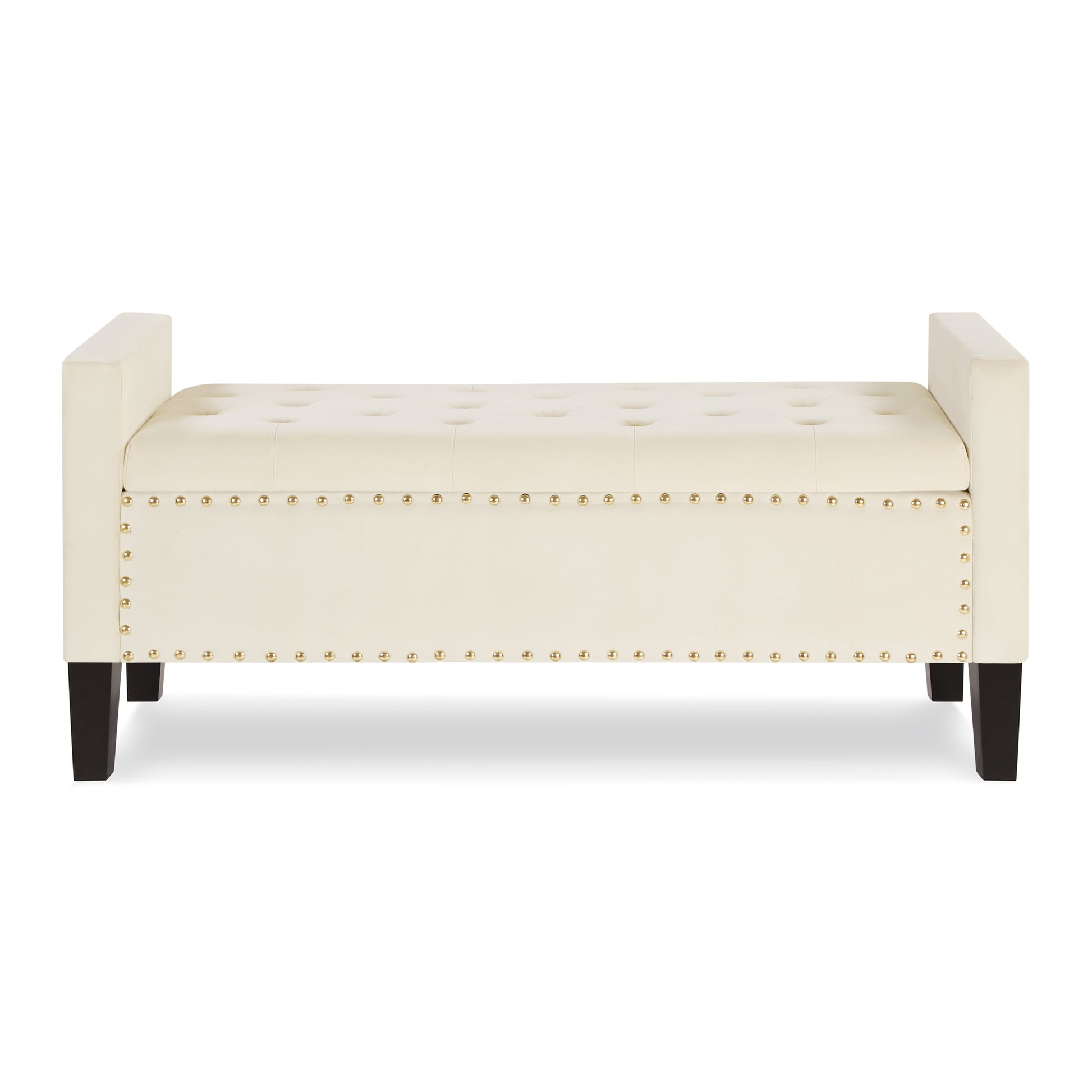 Cream velvet storage bench with button tufting and brass nailhead trim