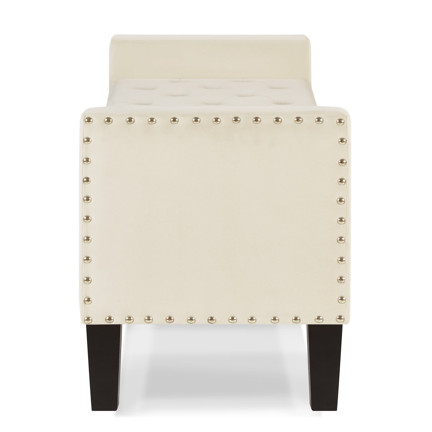 Cream velvet storage ottoman with silver nailhead trim and tufted seat
