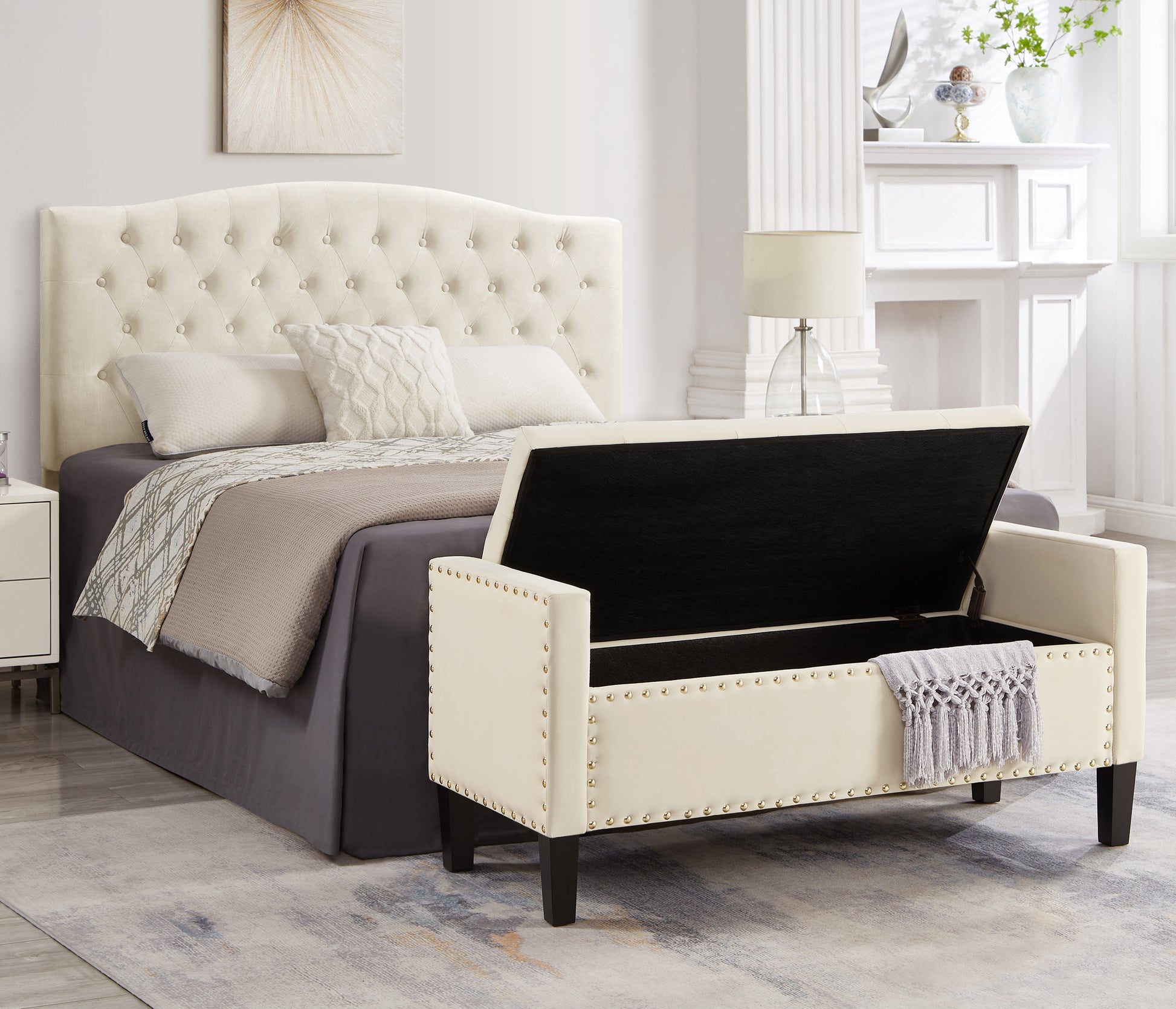 Cream velvet tufted headboard with button accents