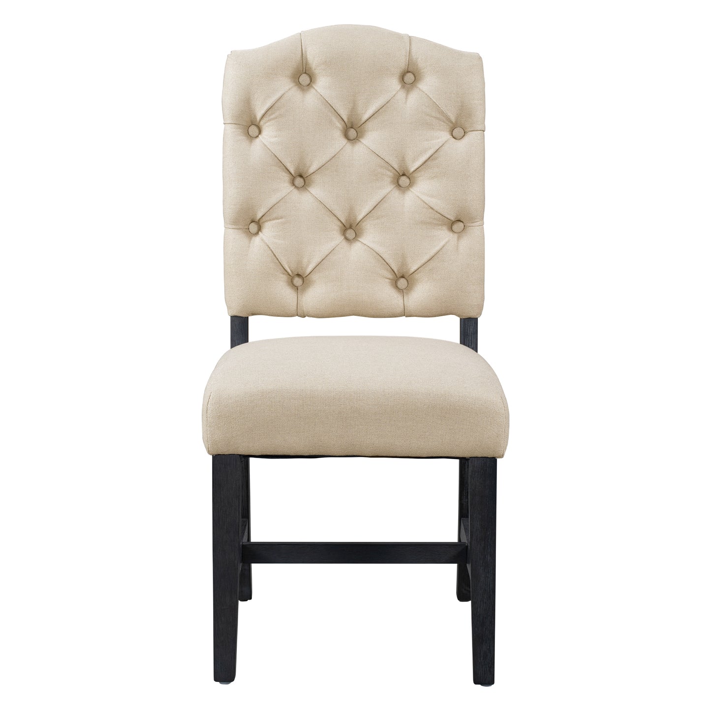 Beige tufted back dining chair with dark wood legs