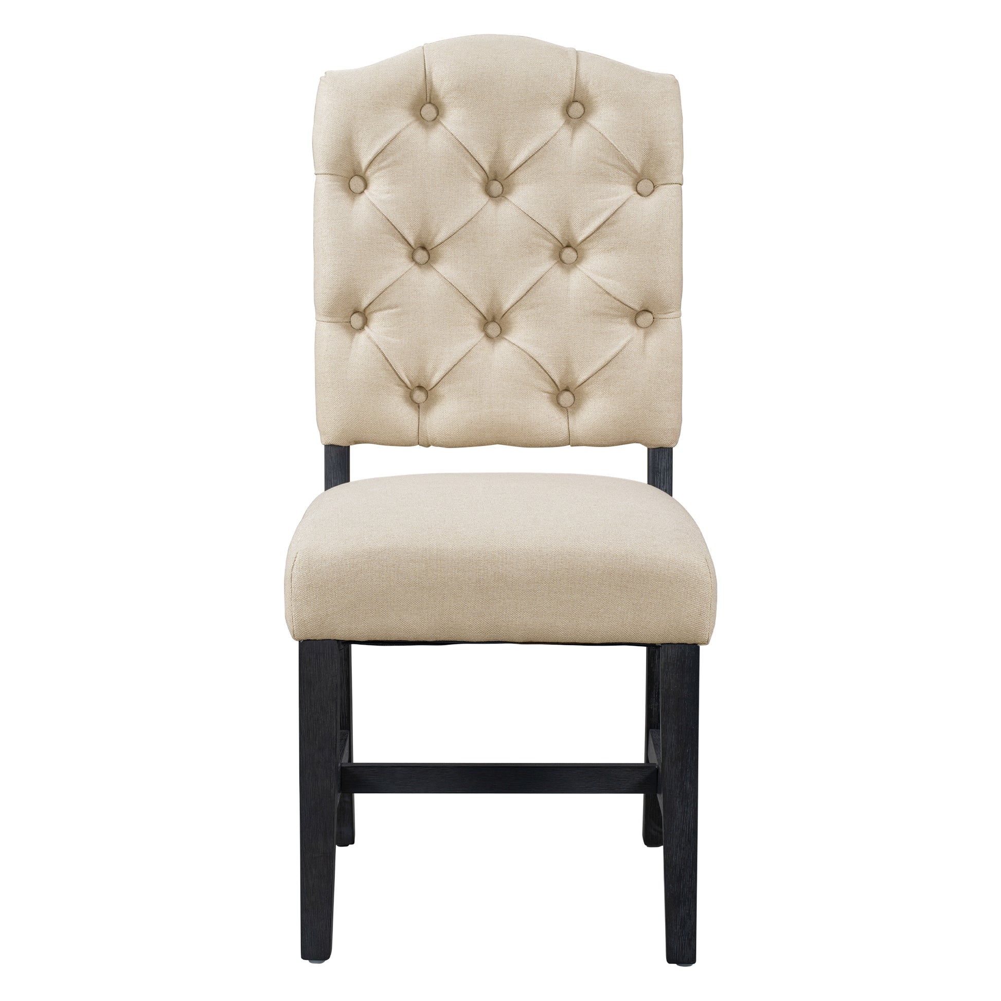 Beige tufted back dining chair with dark wood legs