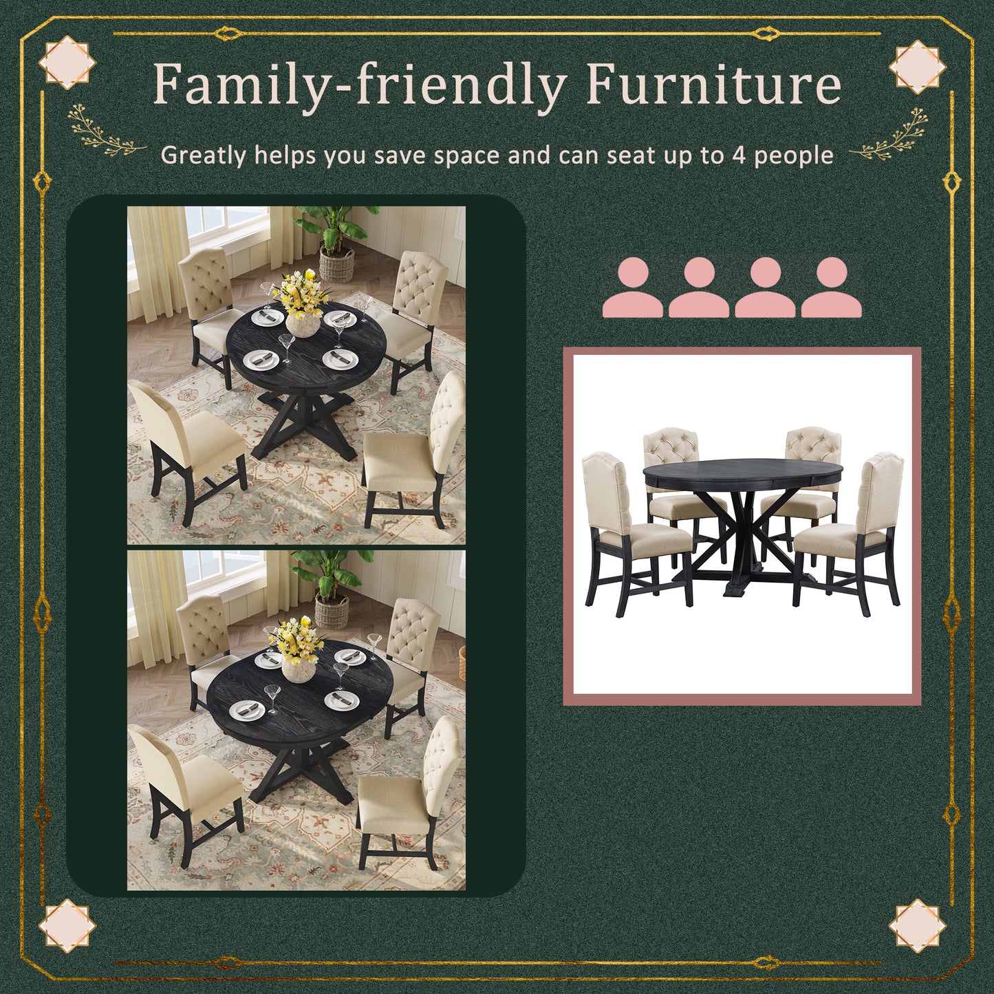 Round black dining table with upholstered beige chairs