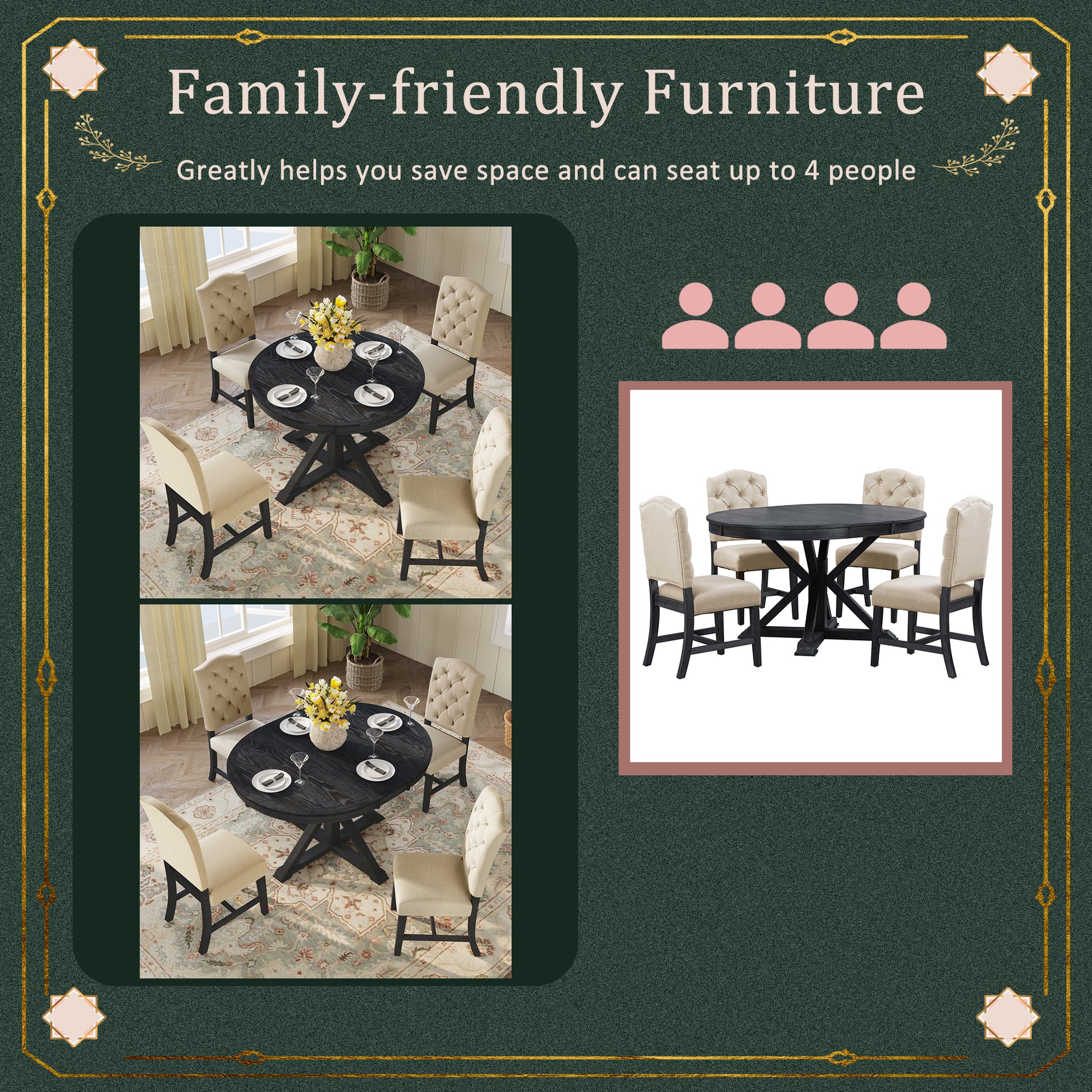 Round black dining table with upholstered beige chairs