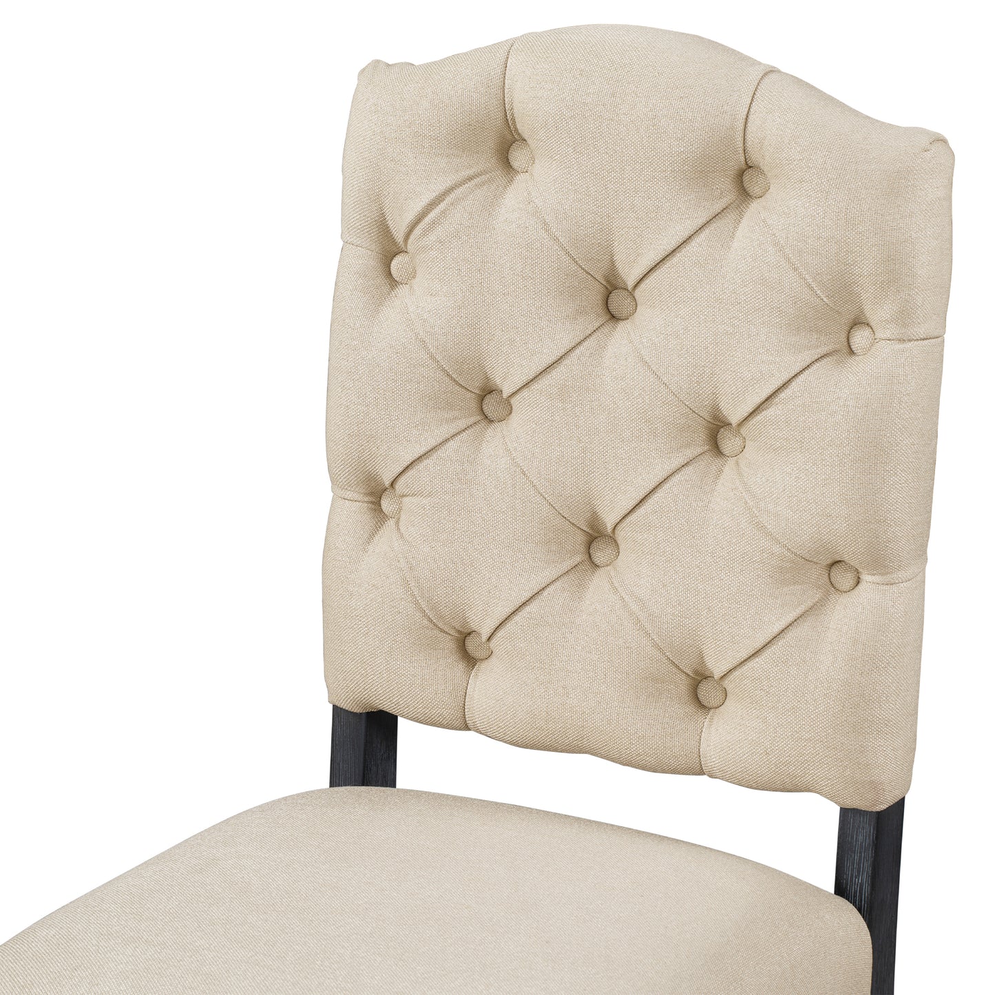 Beige linen tufted back dining chair with dark wood legs