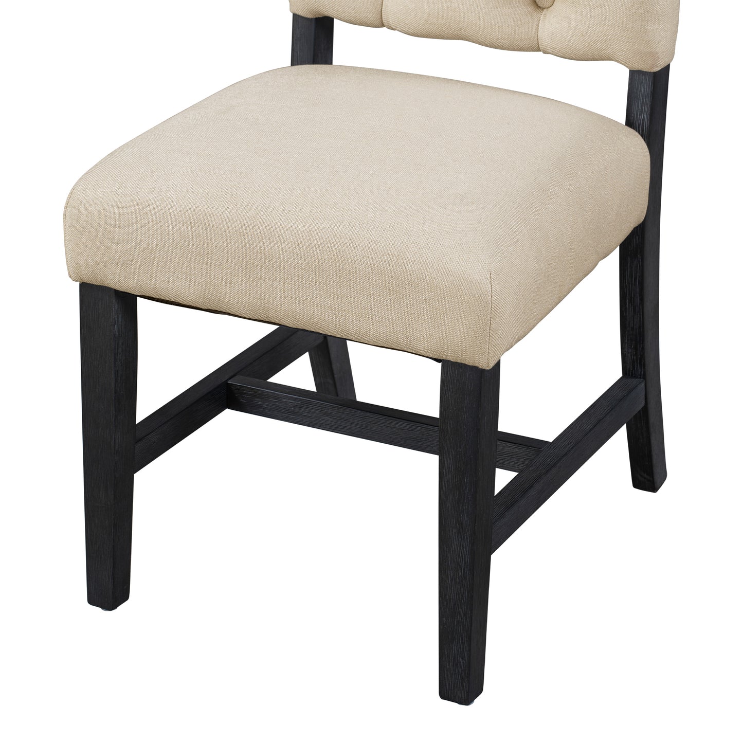 Tufted linen dining chair with dark wood legs and supportive crossbars