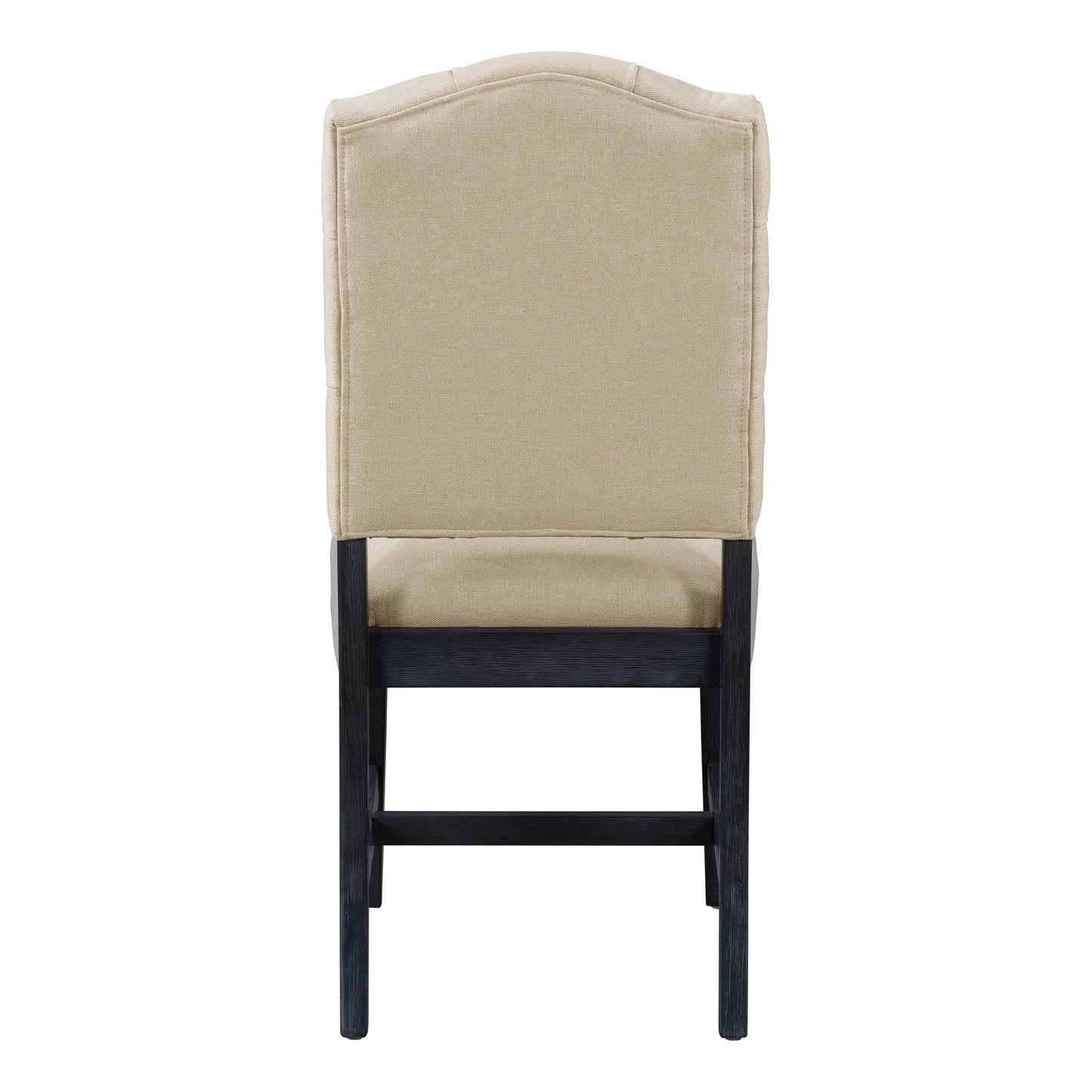 Tufted beige fabric armchair with dark wood legs