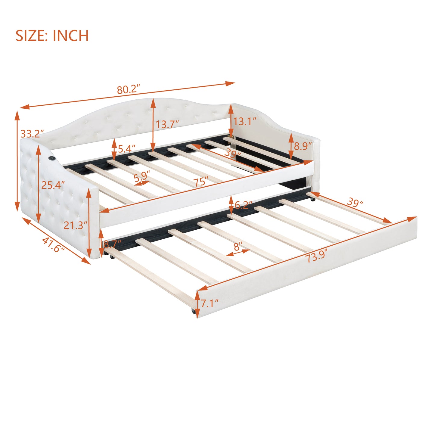 White upholstered daybed with pullout trundle showing dimensions