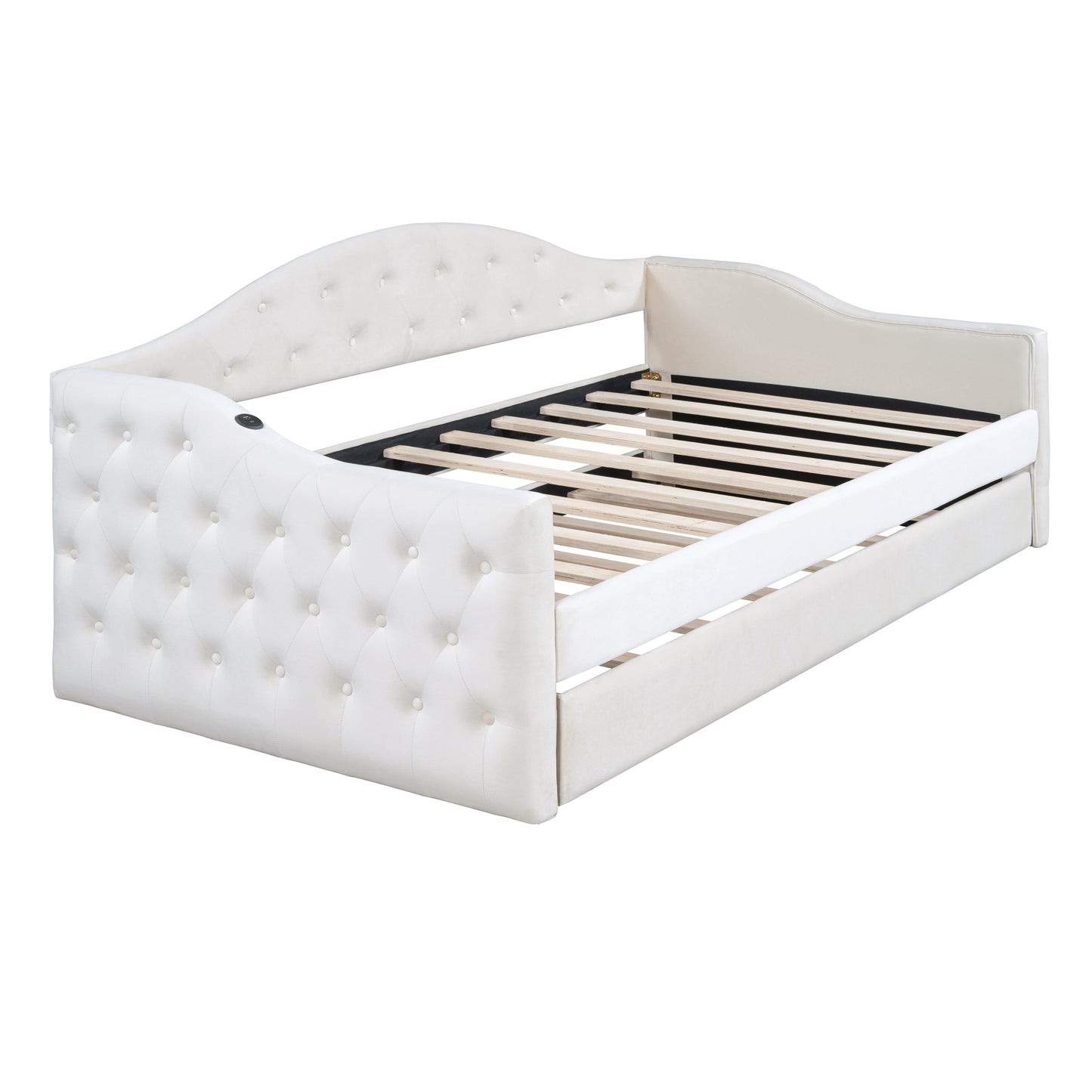 Cream velvet tufted daybed with curved headboard and wooden slat support