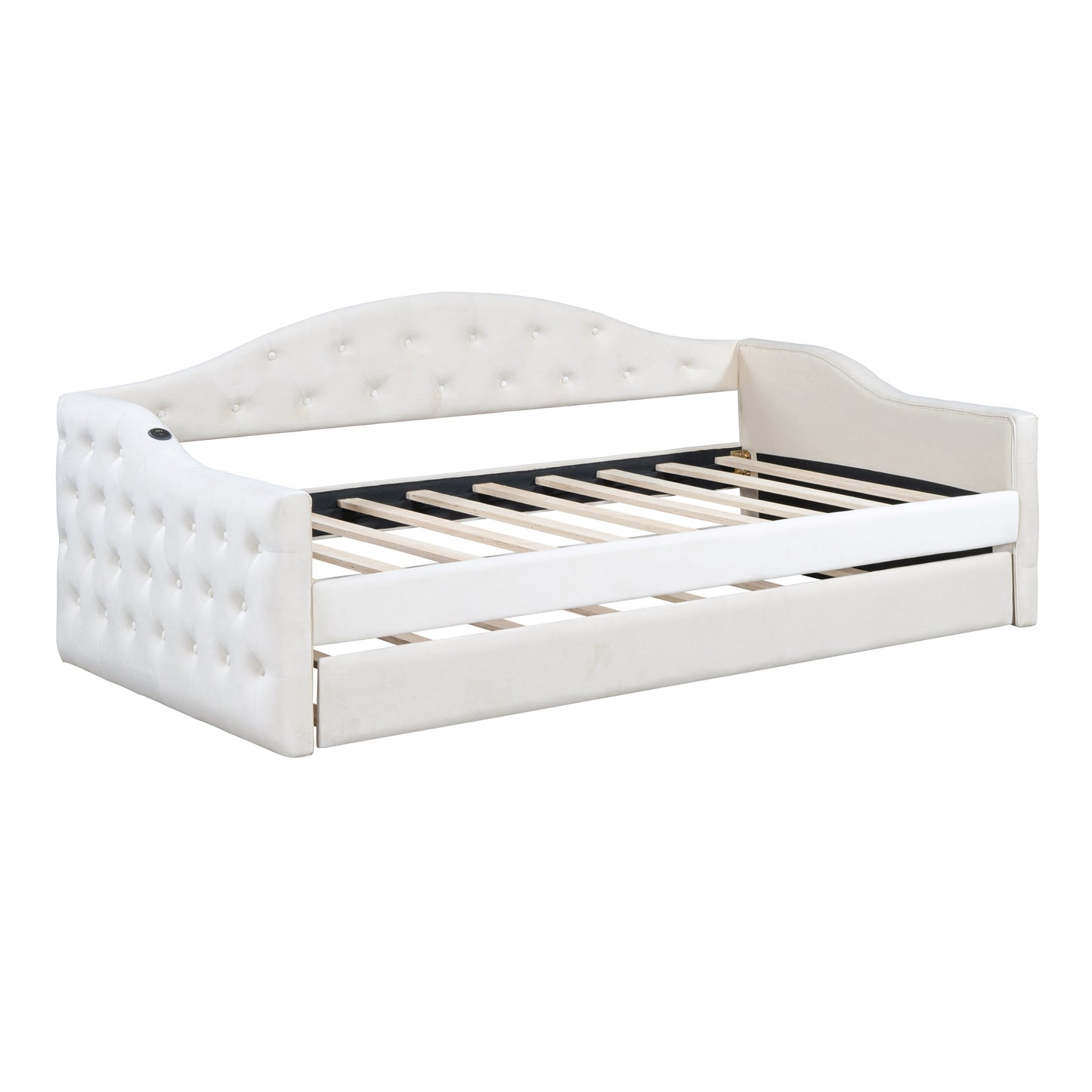 Tufted cream velvet daybed with a curved headboard and footboard perfect for guest rooms