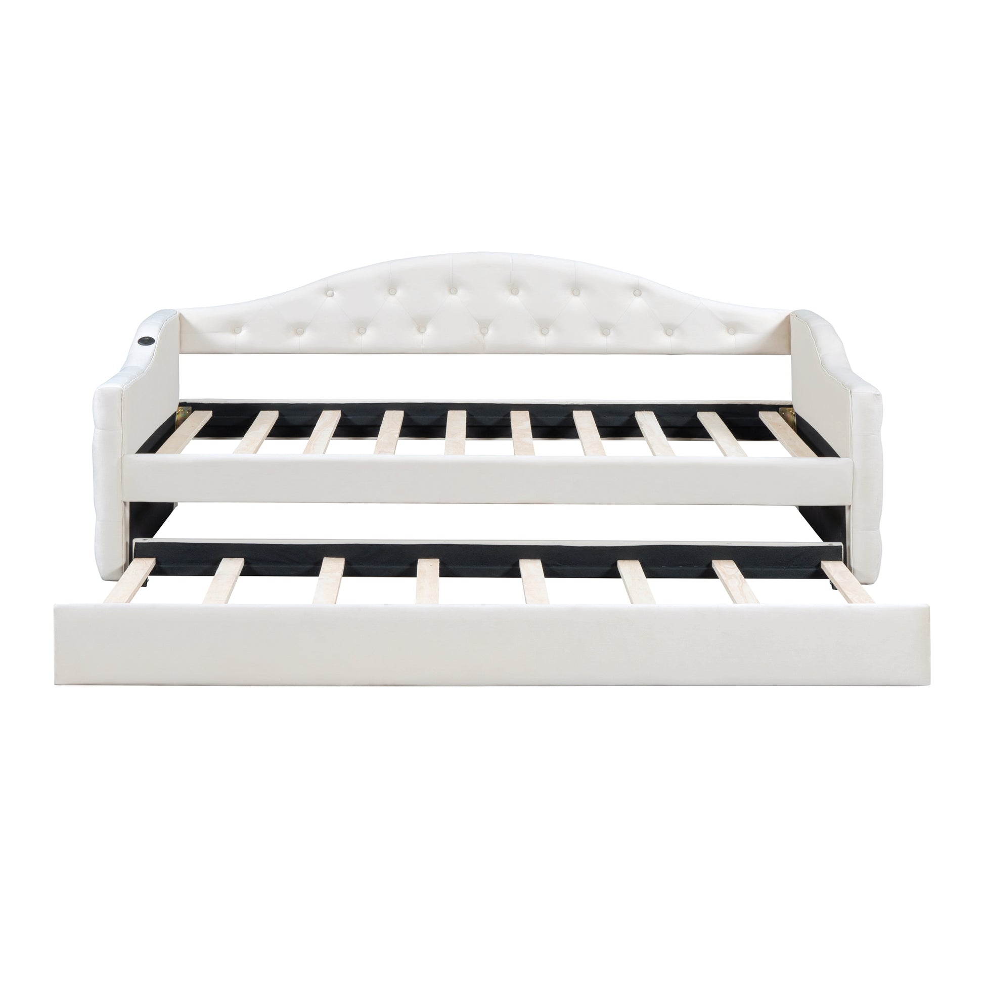 White velvet daybed with pullout trundle featuring tufted headboard and arms