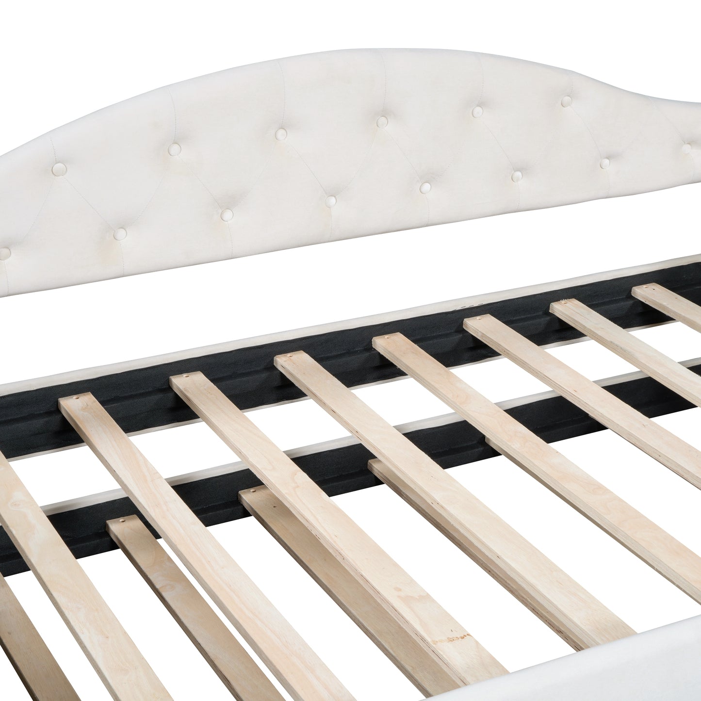 Cream velvet tufted headboard with exposed wooden slats for bed frame