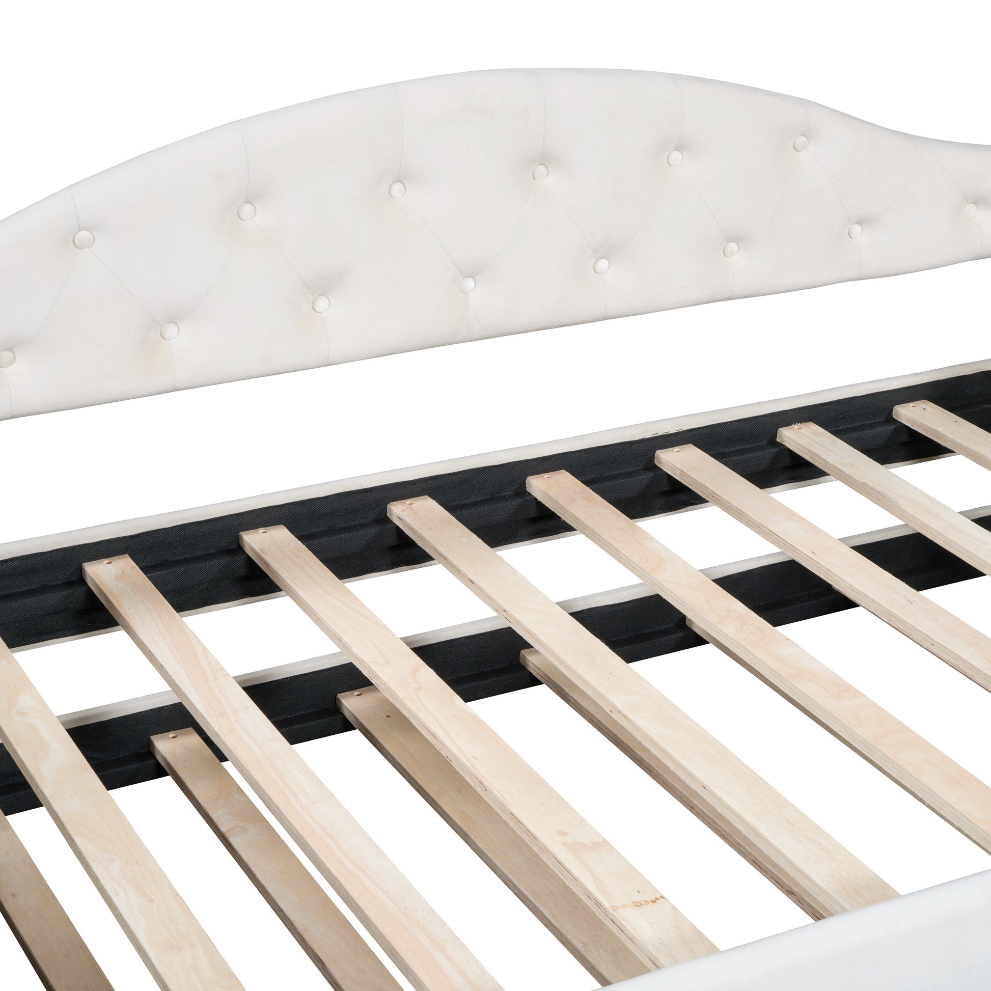 Cream velvet tufted headboard with exposed wooden slats for bed frame