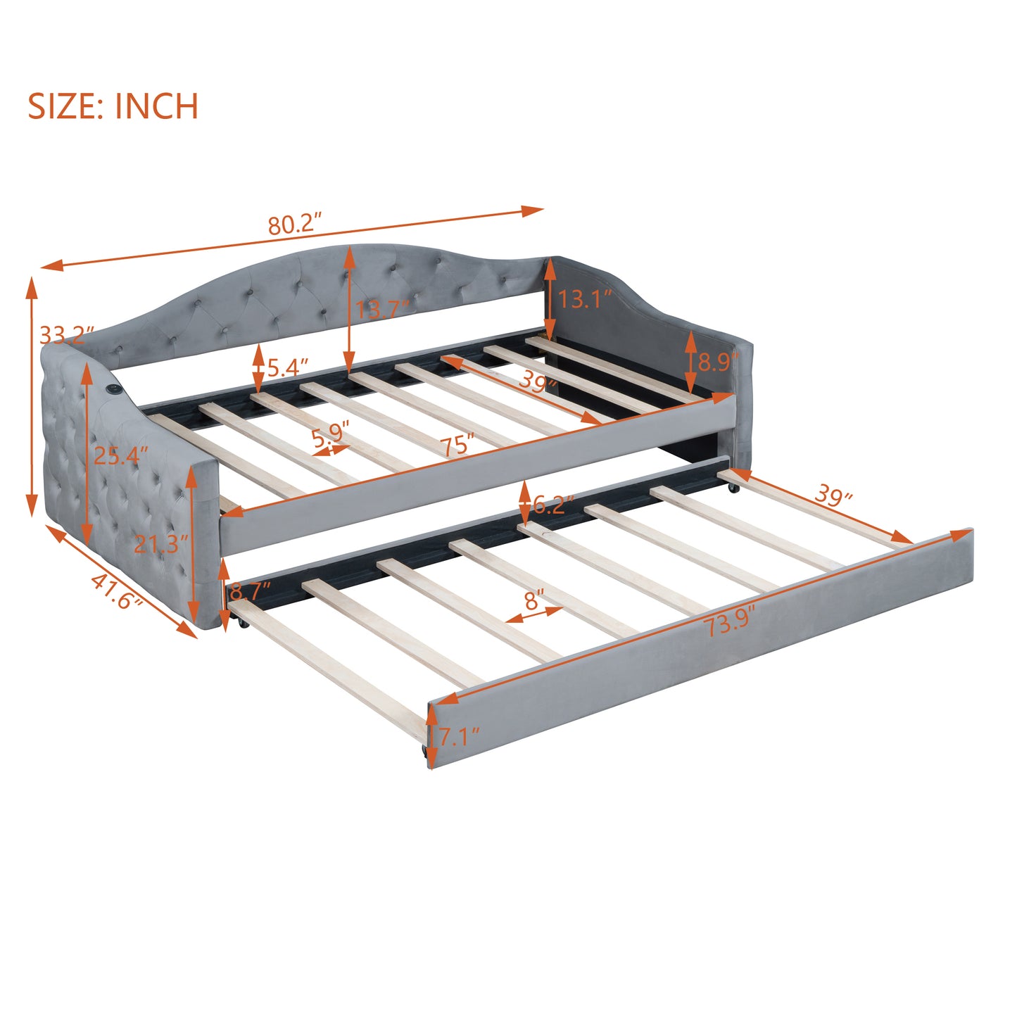 Gray velvet daybed with trundle featuring tufted detailing and metal support slats