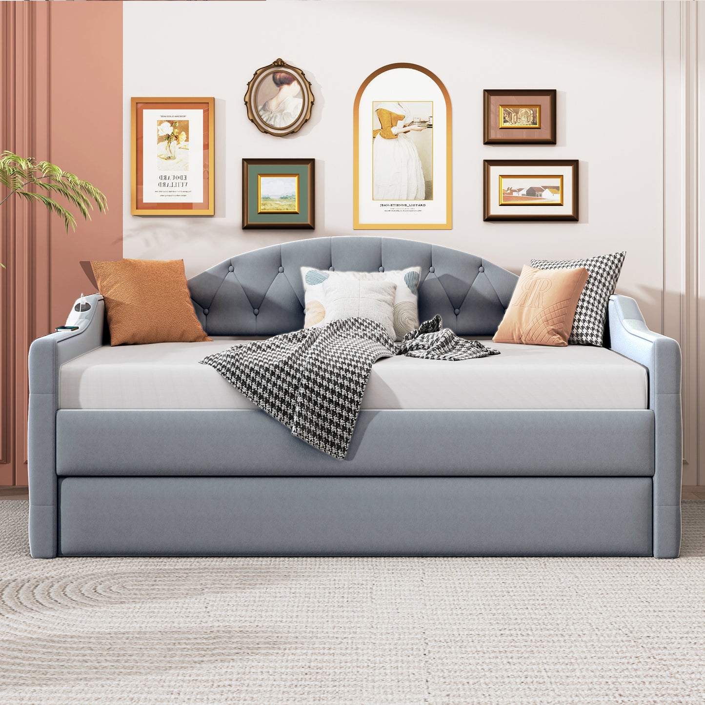 Grey upholstered daybed with builtin charging station and tufted backrest