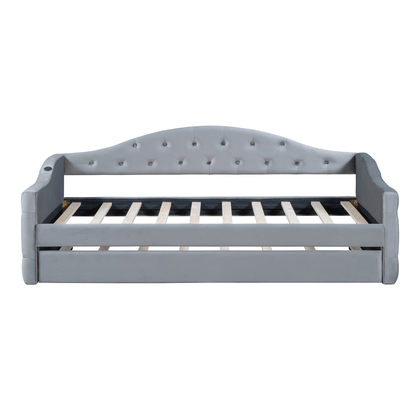 Grey velvet tufted daybed with pullout trundle