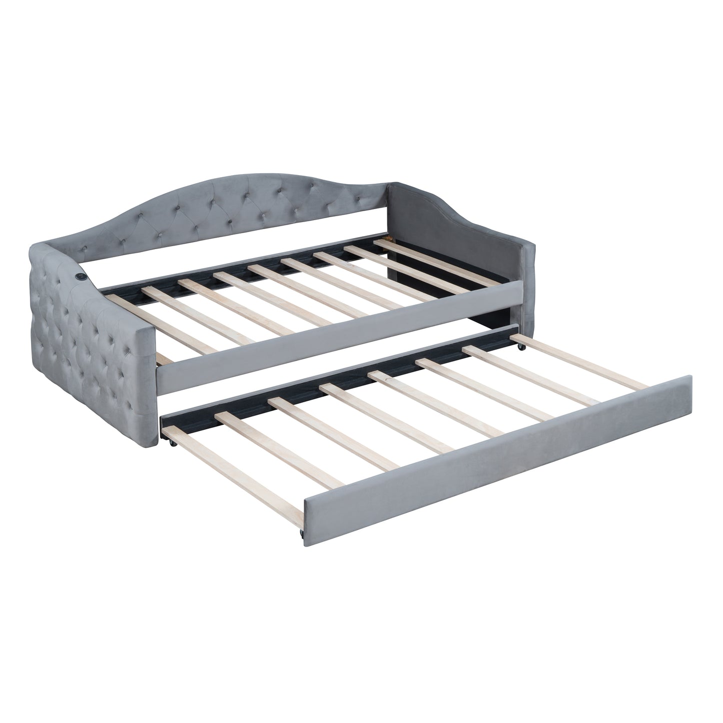 Gray velvet daybed with tufted design and pullout trundle for guest room