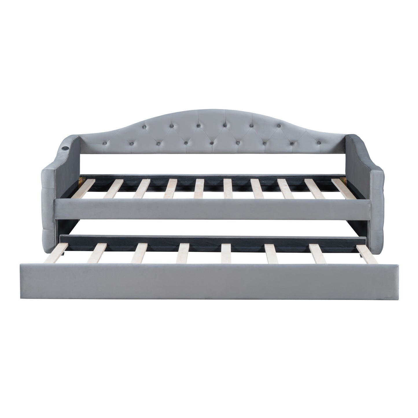 Grey velvet daybed with tufted back and pullout trundle for extra seating