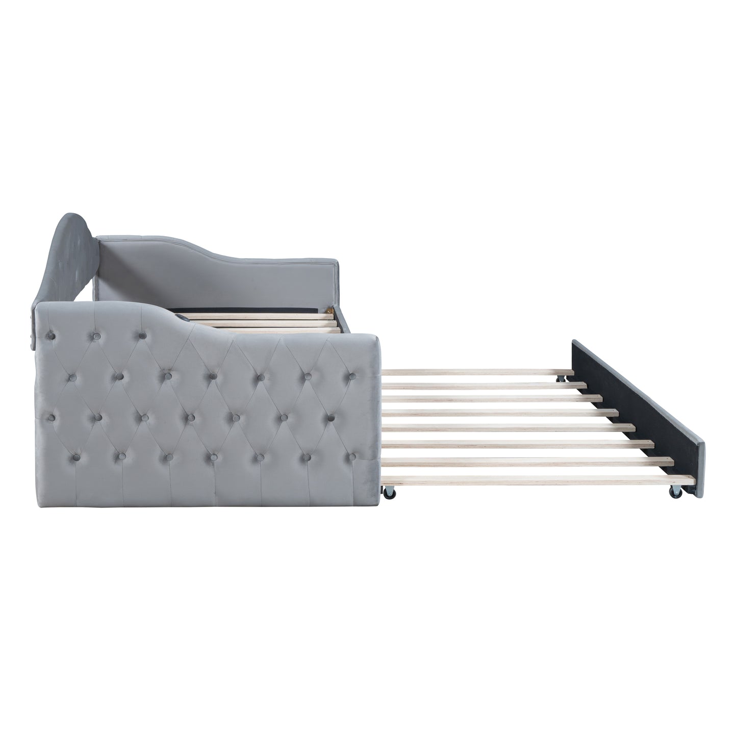 Grey velvet tufted daybed with pullout trundle frame extended ideal for guest rooms
