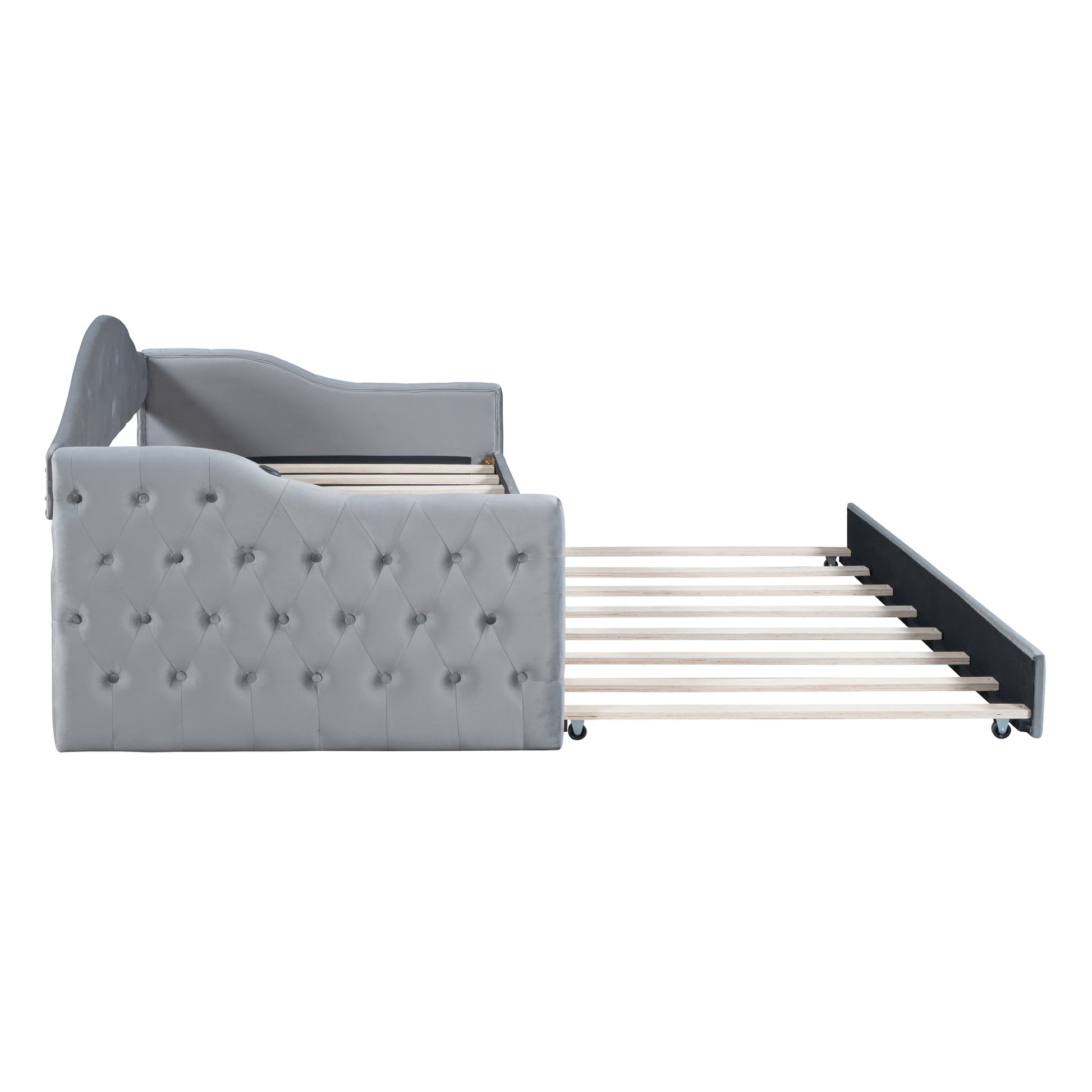Grey velvet tufted daybed with pullout trundle frame extended ideal for guest rooms