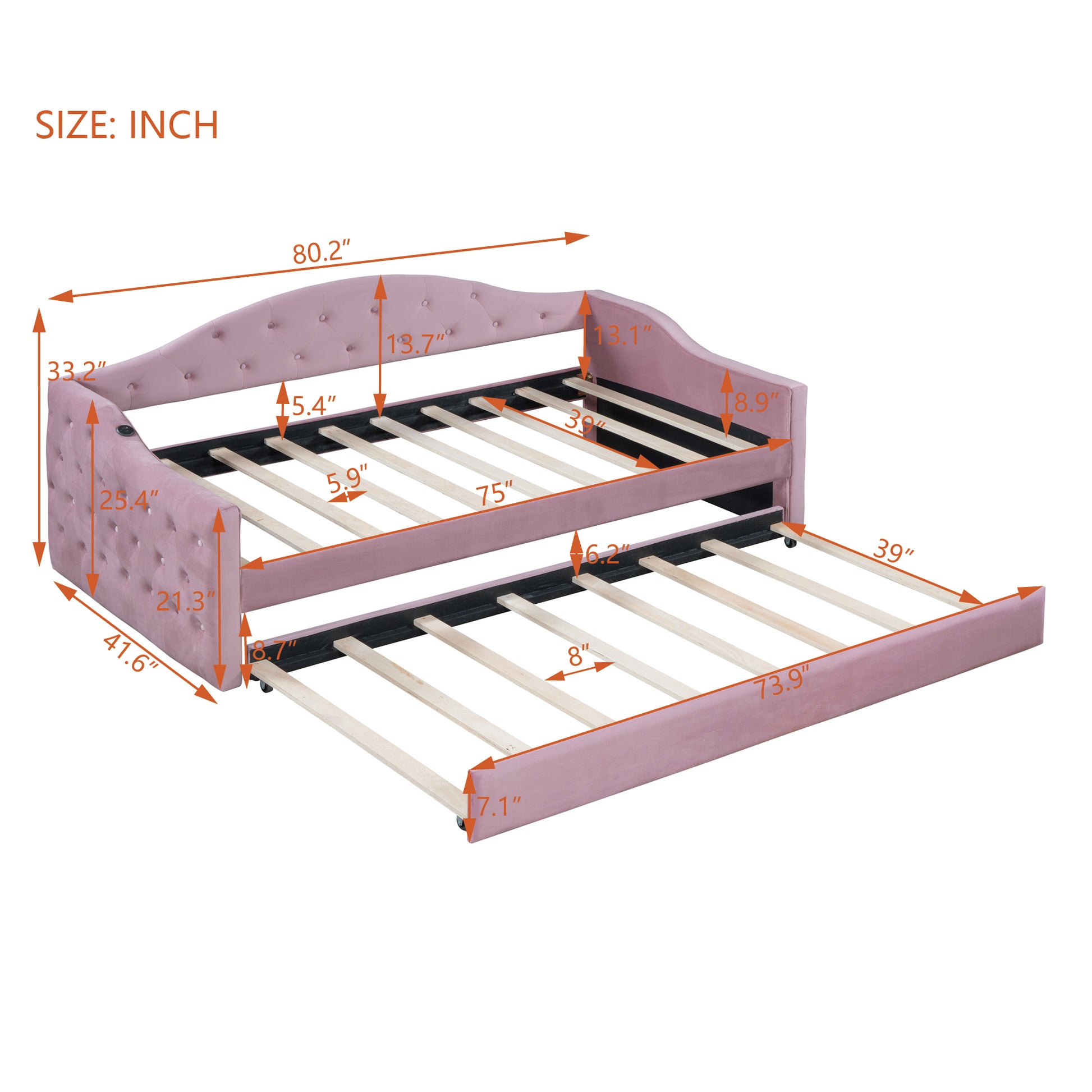Pink velvet tufted daybed with pullout trundle and integrated charging port