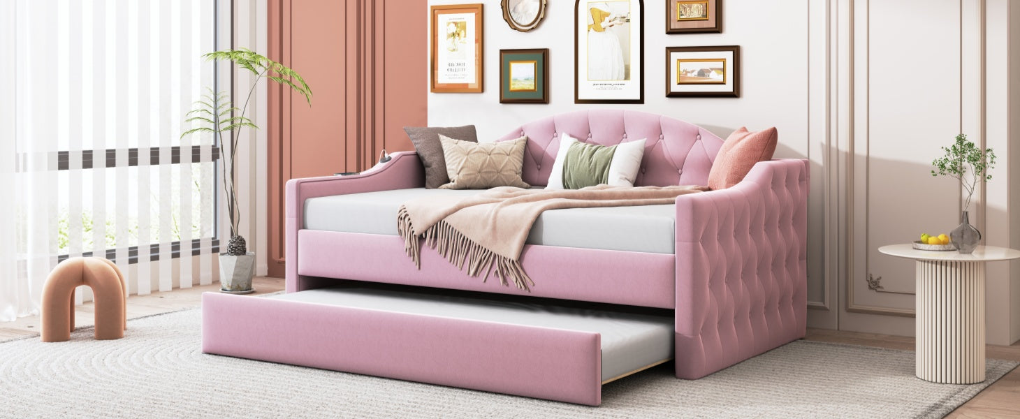 Pink velvet daybed with pullout trundle