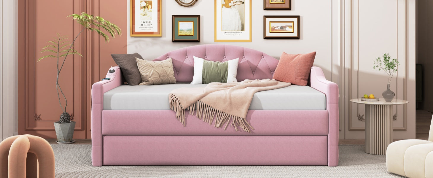 Pink velvet daybed with tufted back and pullout trundle perfect for small spaces