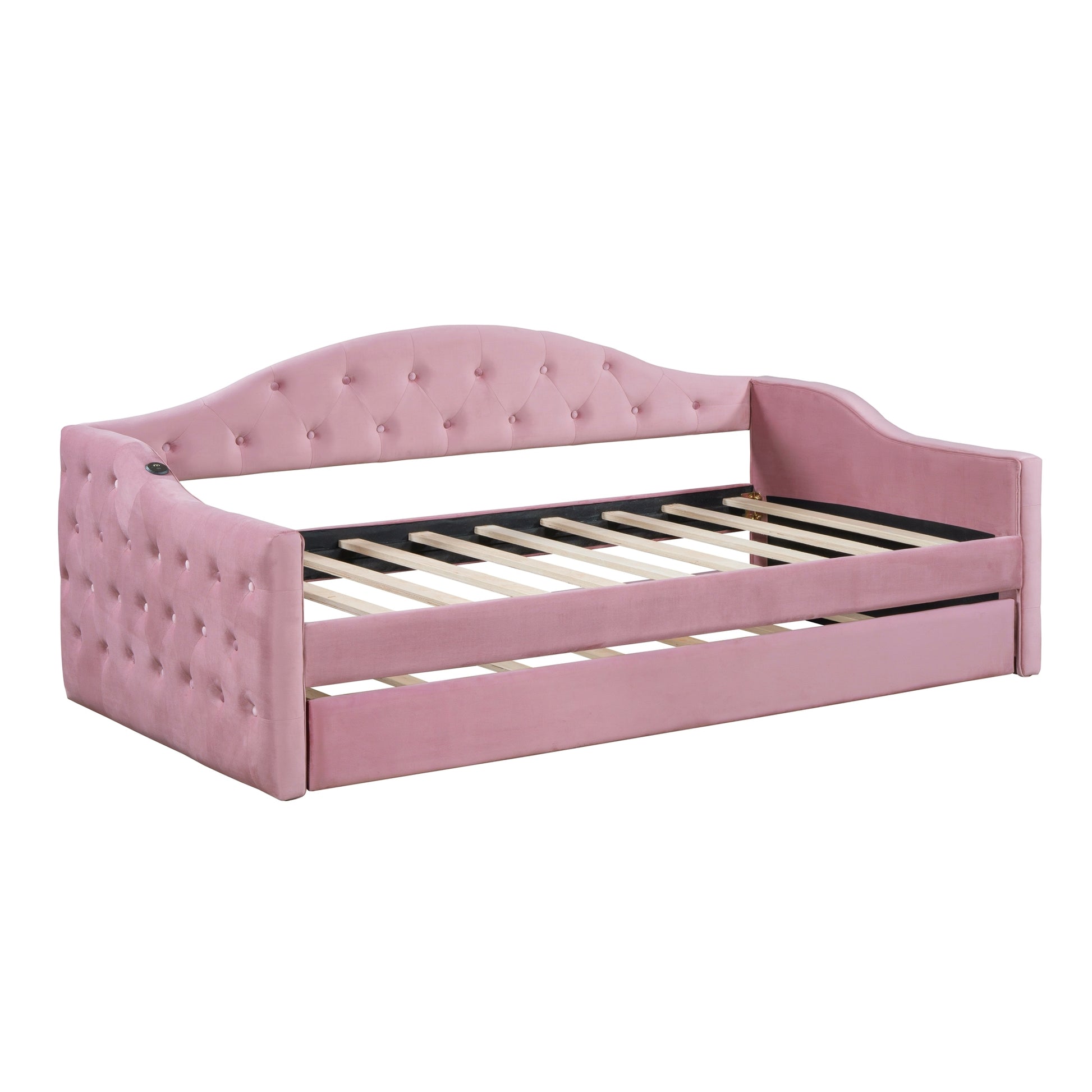 Pink velvet daybed with tufted headboard and footboard
