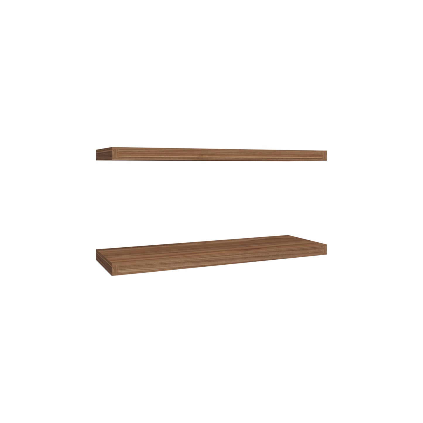 Two walnut wood floating shelves with clean lines perfect for modern wall decor