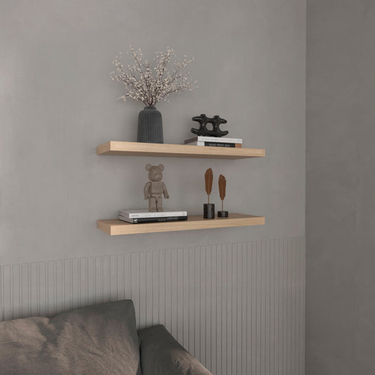 Wooden floating shelf with modern decor