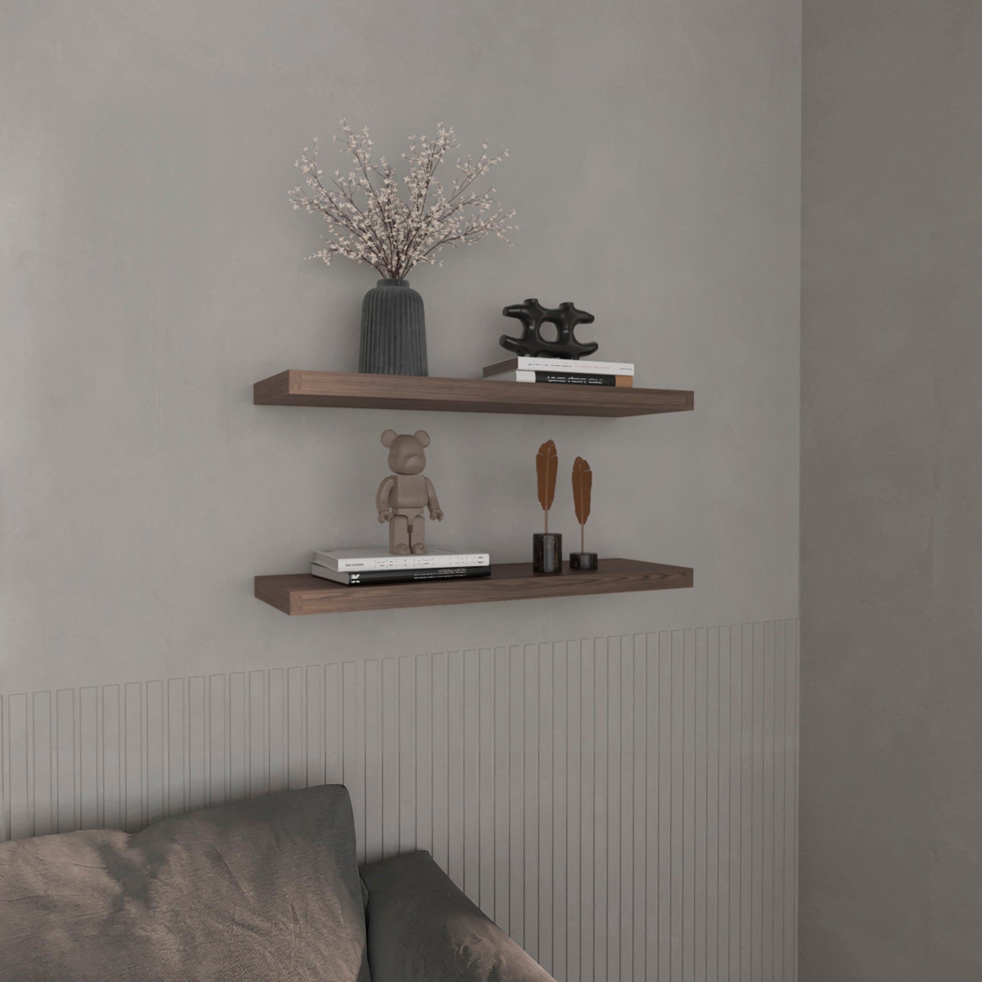 Modern floating wall shelf with wood grain finish and minimalist decor
