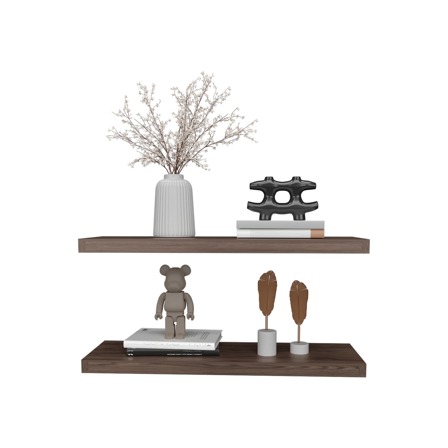 White ribbed vase with white faux flowers on dark wood shelf