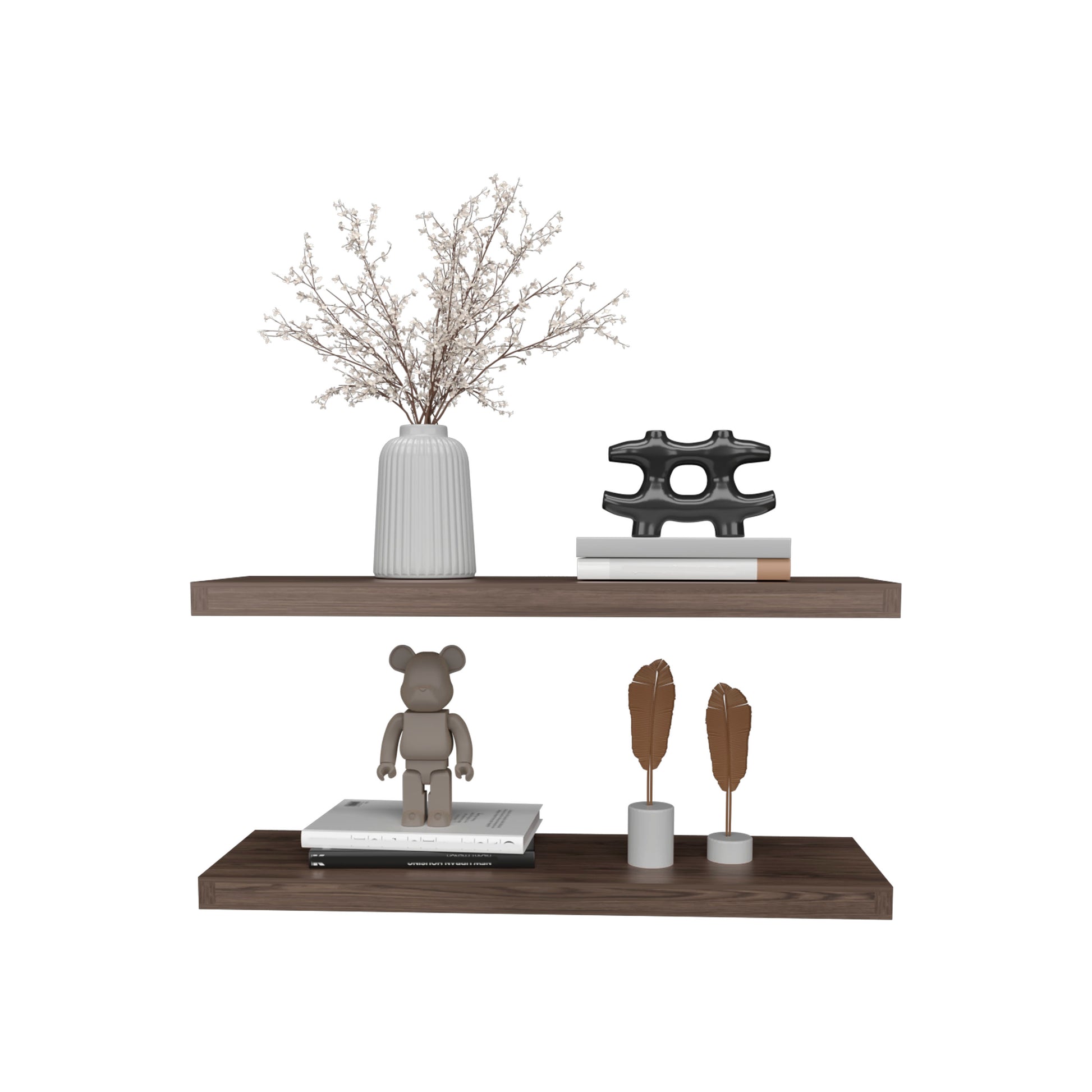 White ribbed vase with white faux flowers on dark wood shelf
